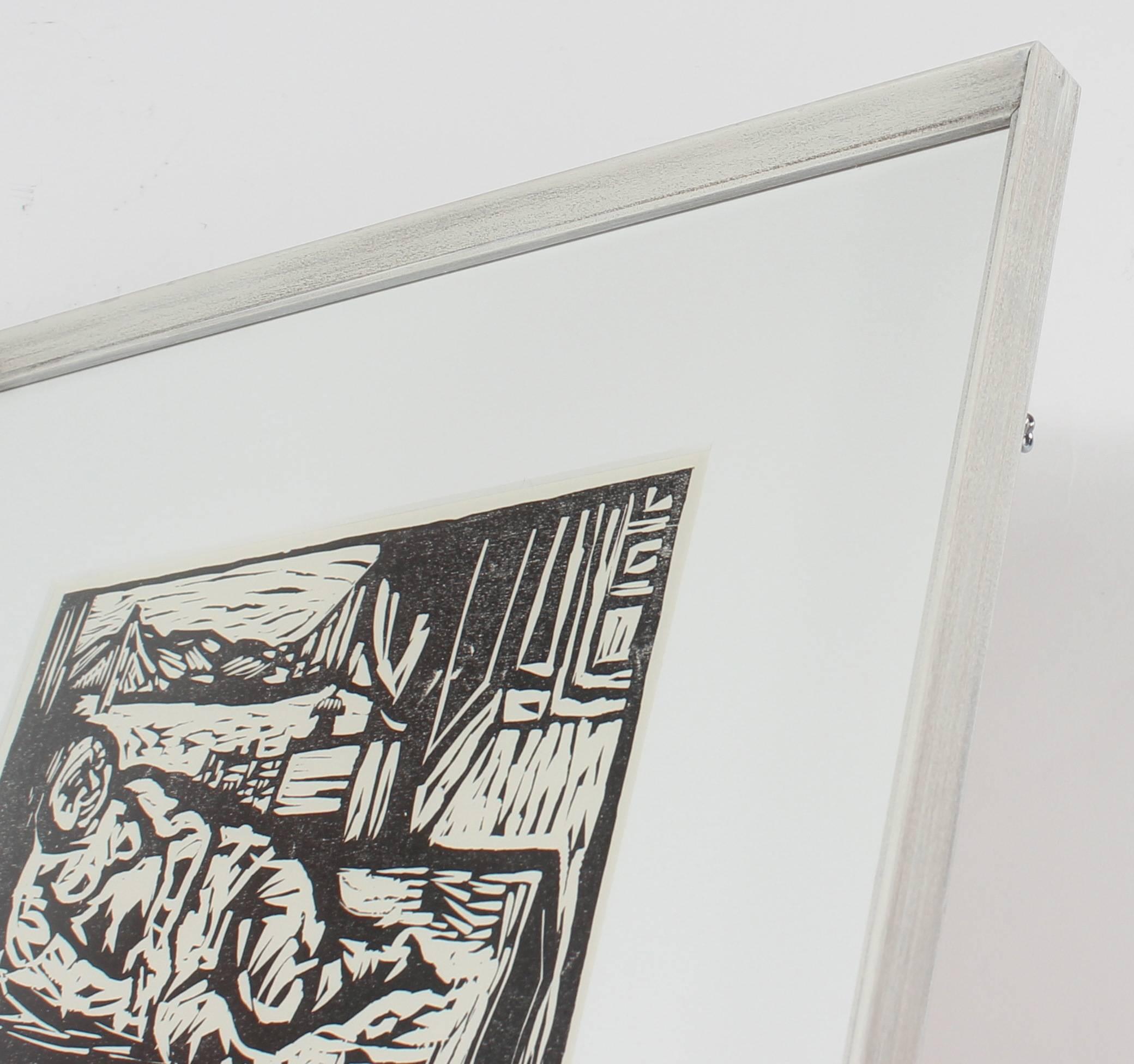 Figure by the San Francisco Bay, Framed Mid Century Linocut - American Modern Print by Martin Snipper