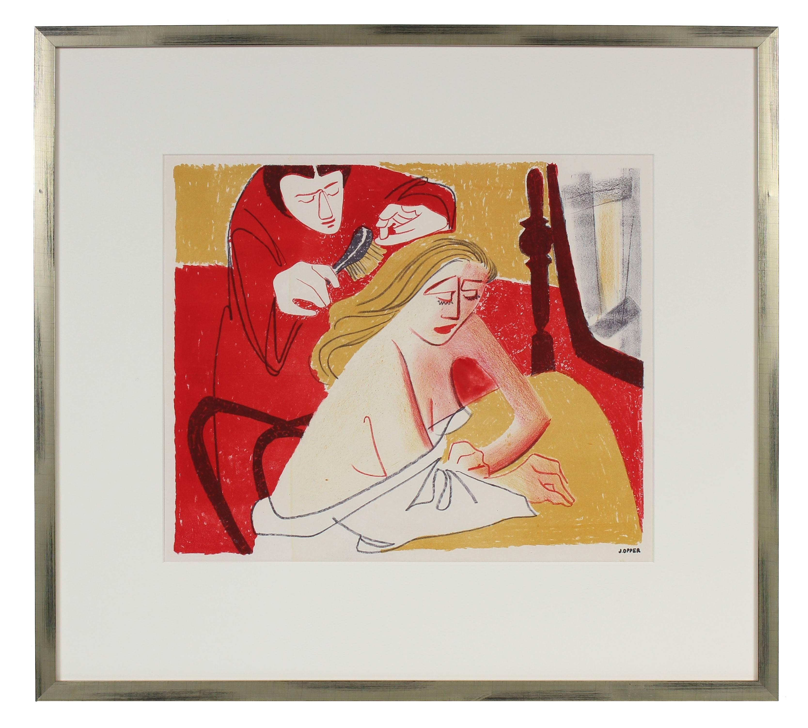 Jerry Opper Interior Print - Two Figures in a Bedroom, Lithograph Print, 1950s