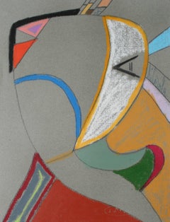 Bright Oil Pastel Abstract on Gray Paper, Framed, 1972