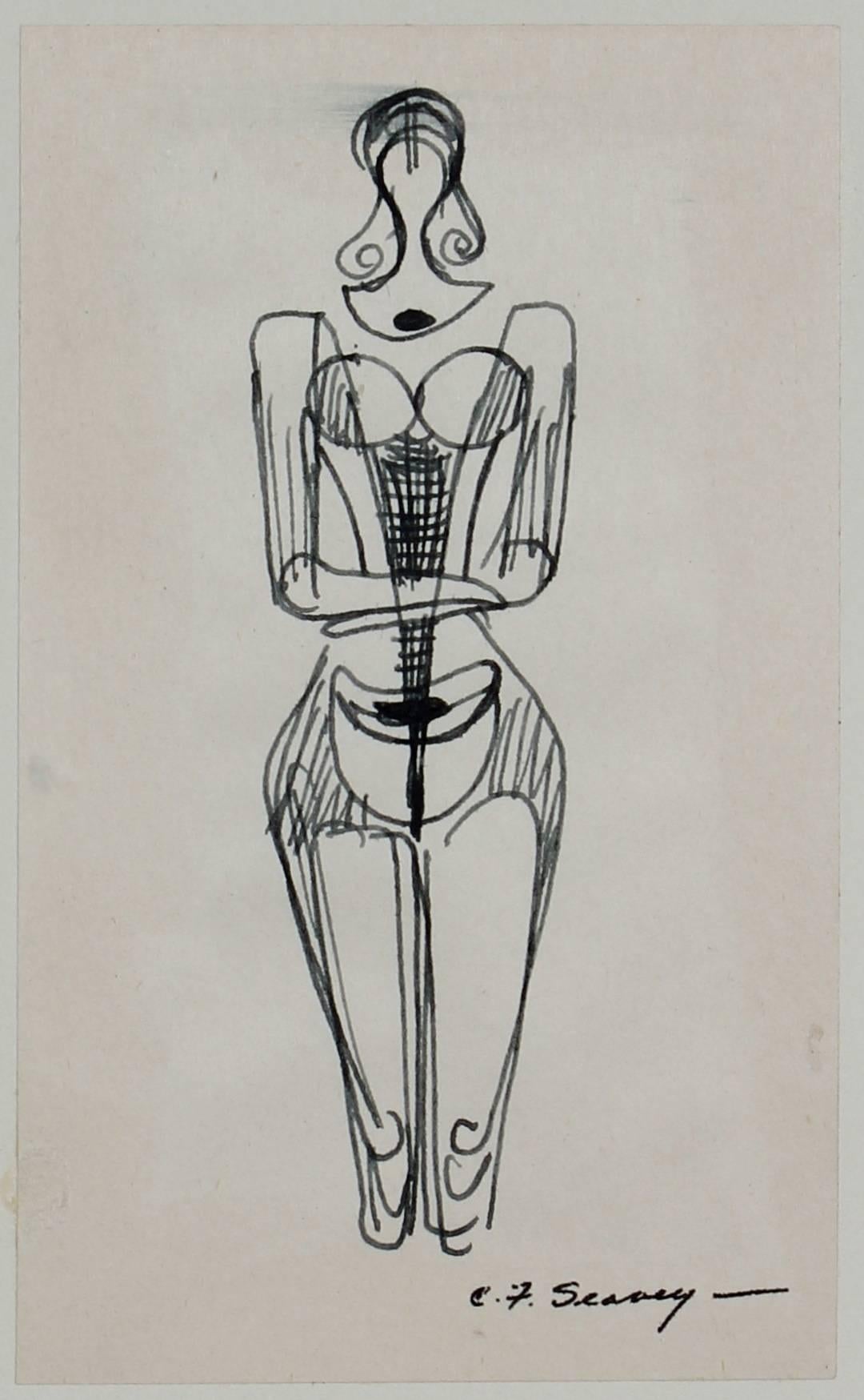 Clyde F. Seavey Sr. Figurative Art - Simplified Figure Study in Ink, 1952