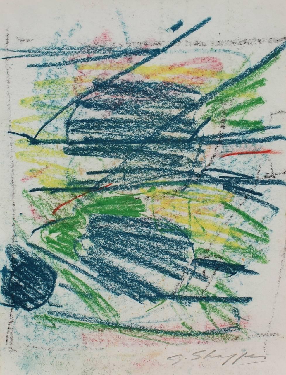 Gary Lee Shaffer Abstract Drawing - Abstract Expressionist Study in Blue and Green, Pastel on Paper, 1962