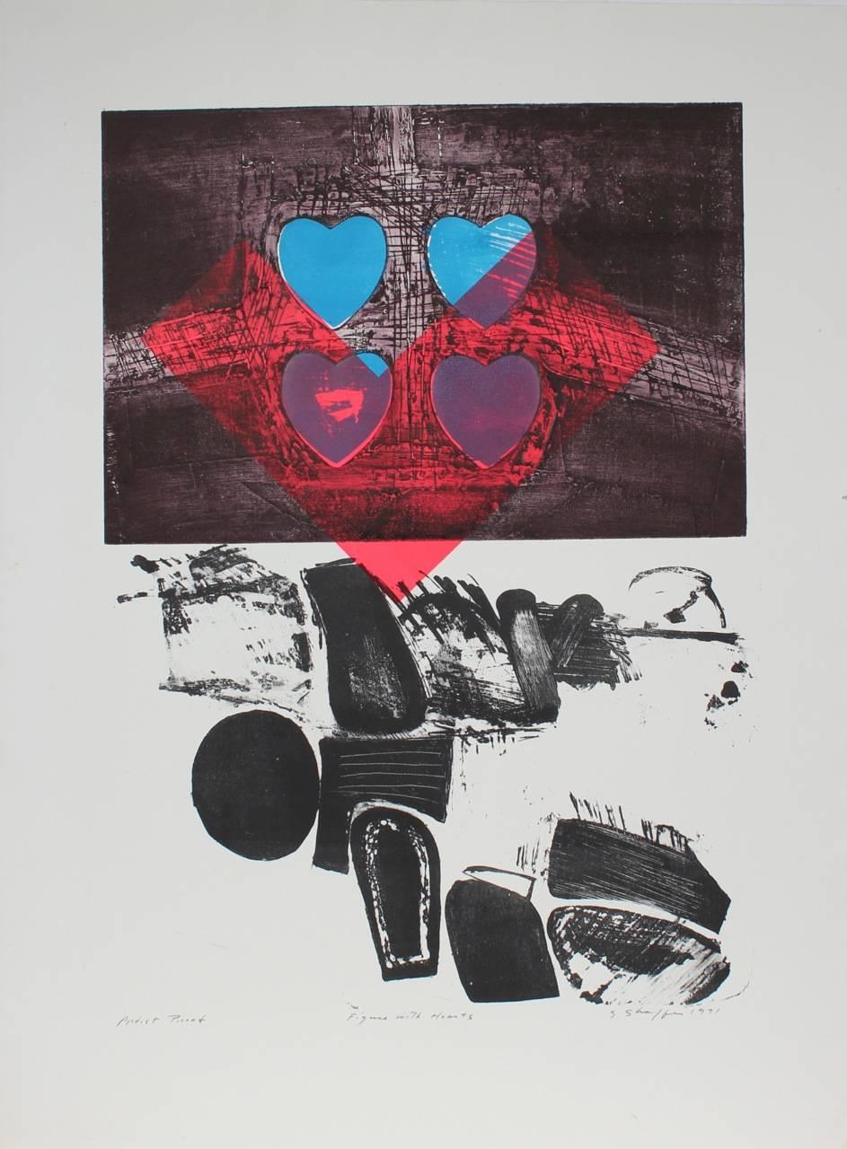 Gary Lee Shaffer Abstract Print - "Figure With Hearts" Large Abstract Expressionist Print, 1991