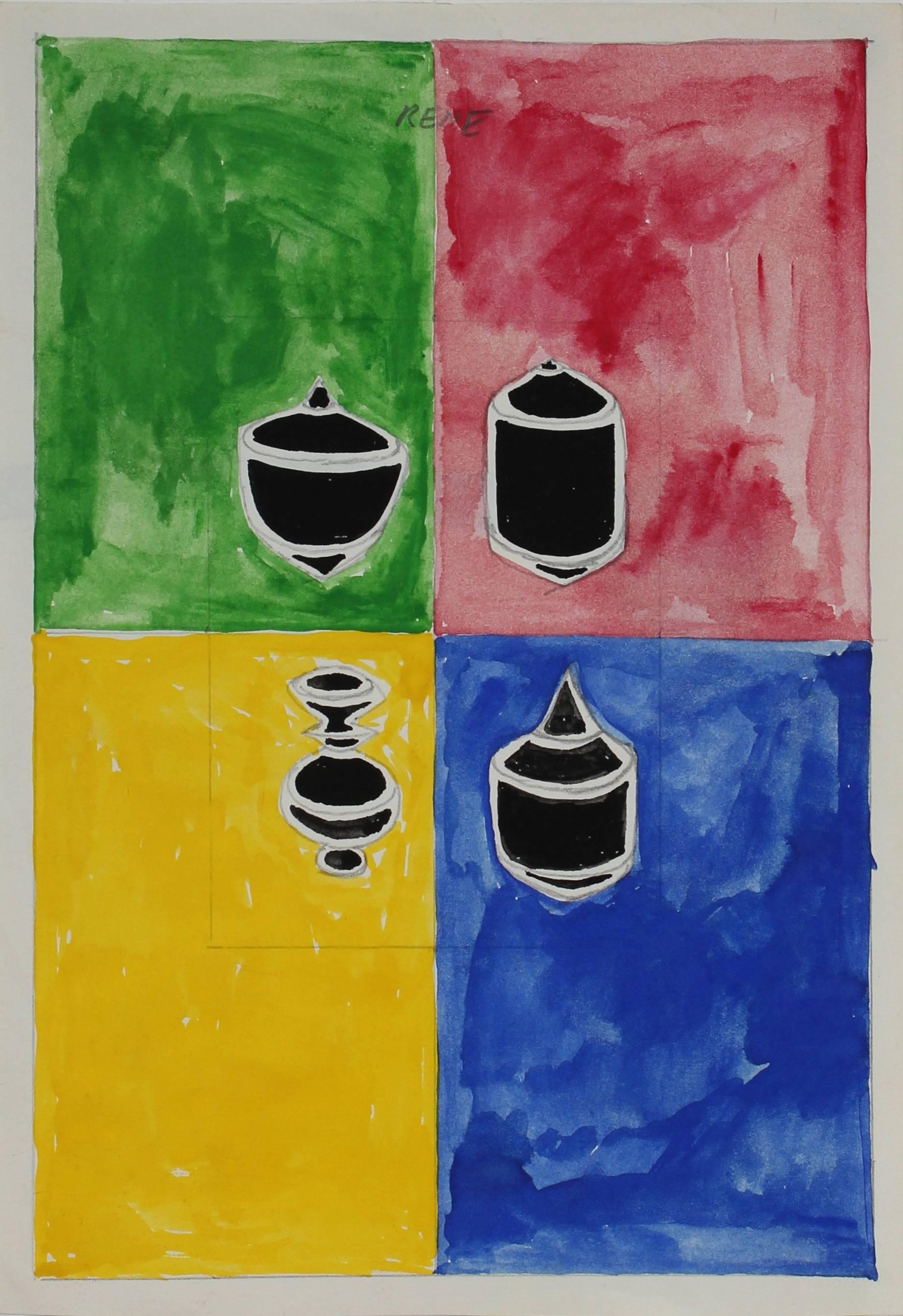 Santos Rene Irizarry Abstract Drawing - Modernist Color Blocking Abstract in Gouache, Circa 1960s