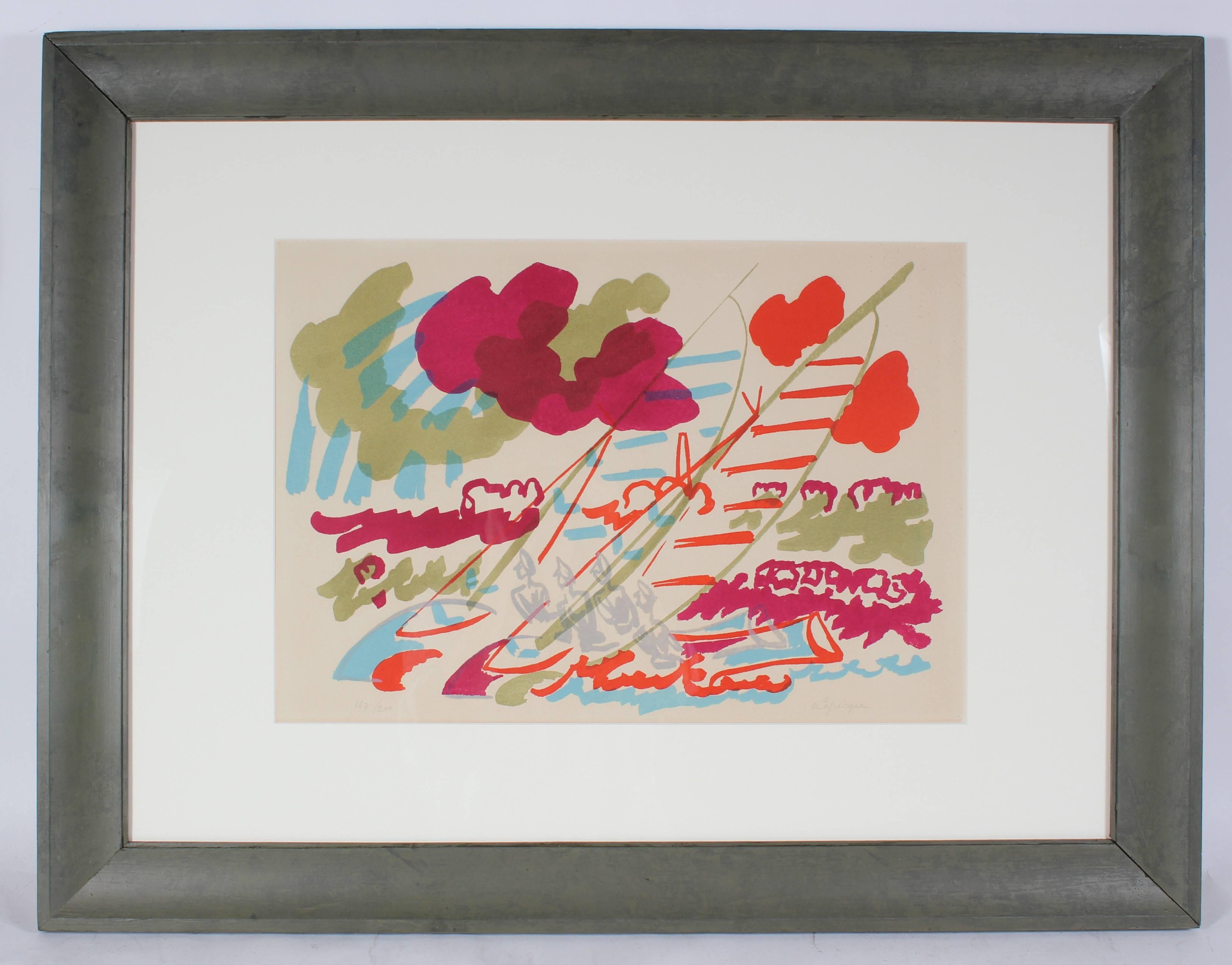 Charles Lapicque Landscape Print - "Boat Races" Bright Abstracted Seascape Serigraph, 20th Century