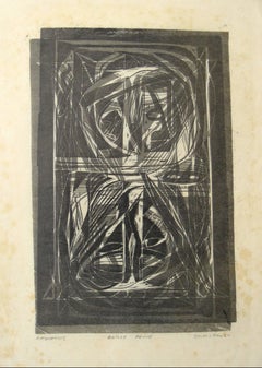 "Katharsis" Monochromatic Modernist Abstract Linoleum Print, Mid 20th Century