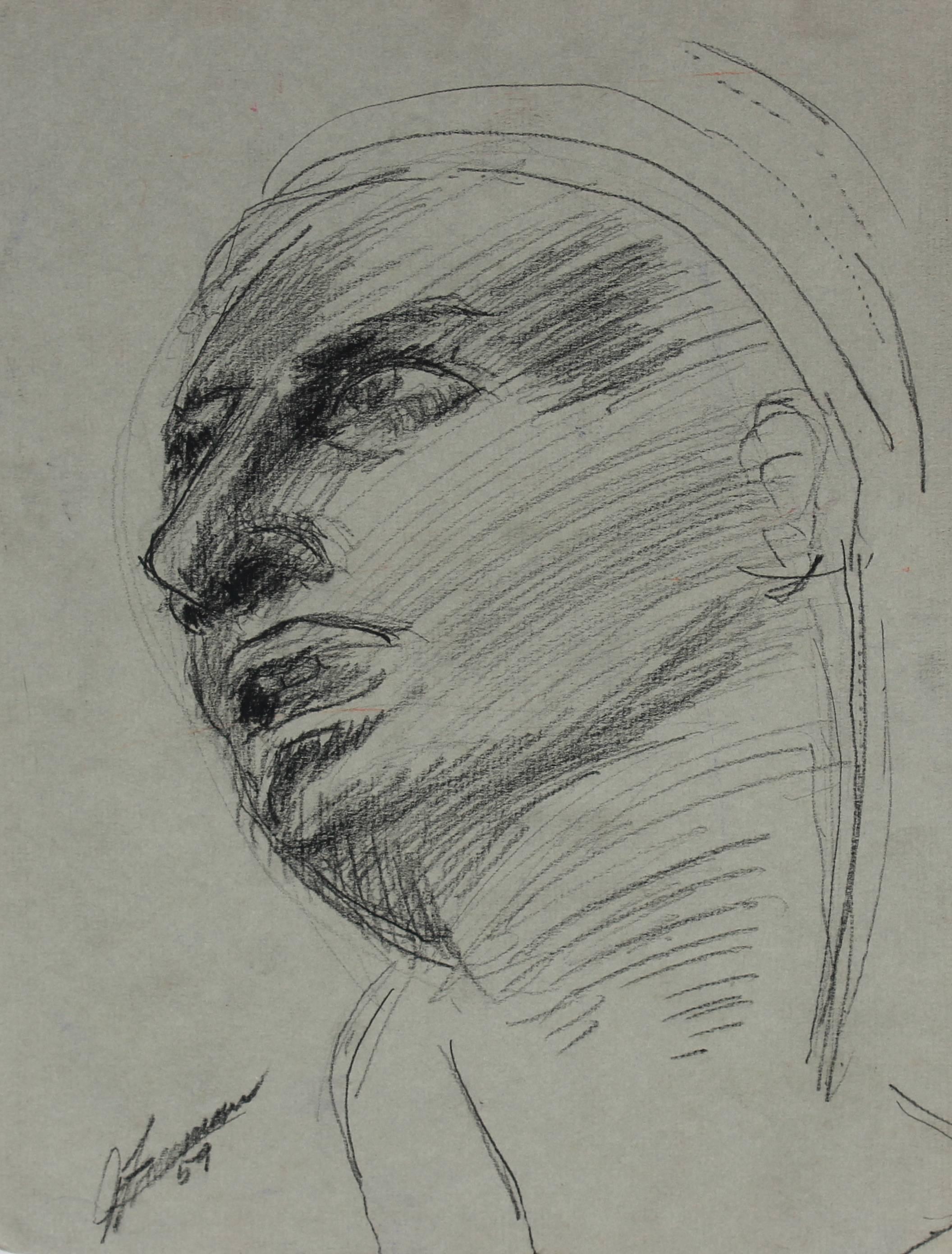 Modernist Portrait Sketch in Charcoal, 1959