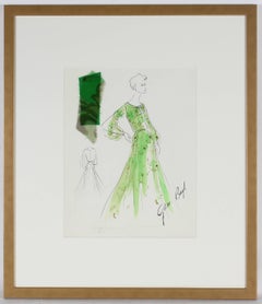 Vintage Fashion Illustration in Green, Ink and Gouache, 1950s