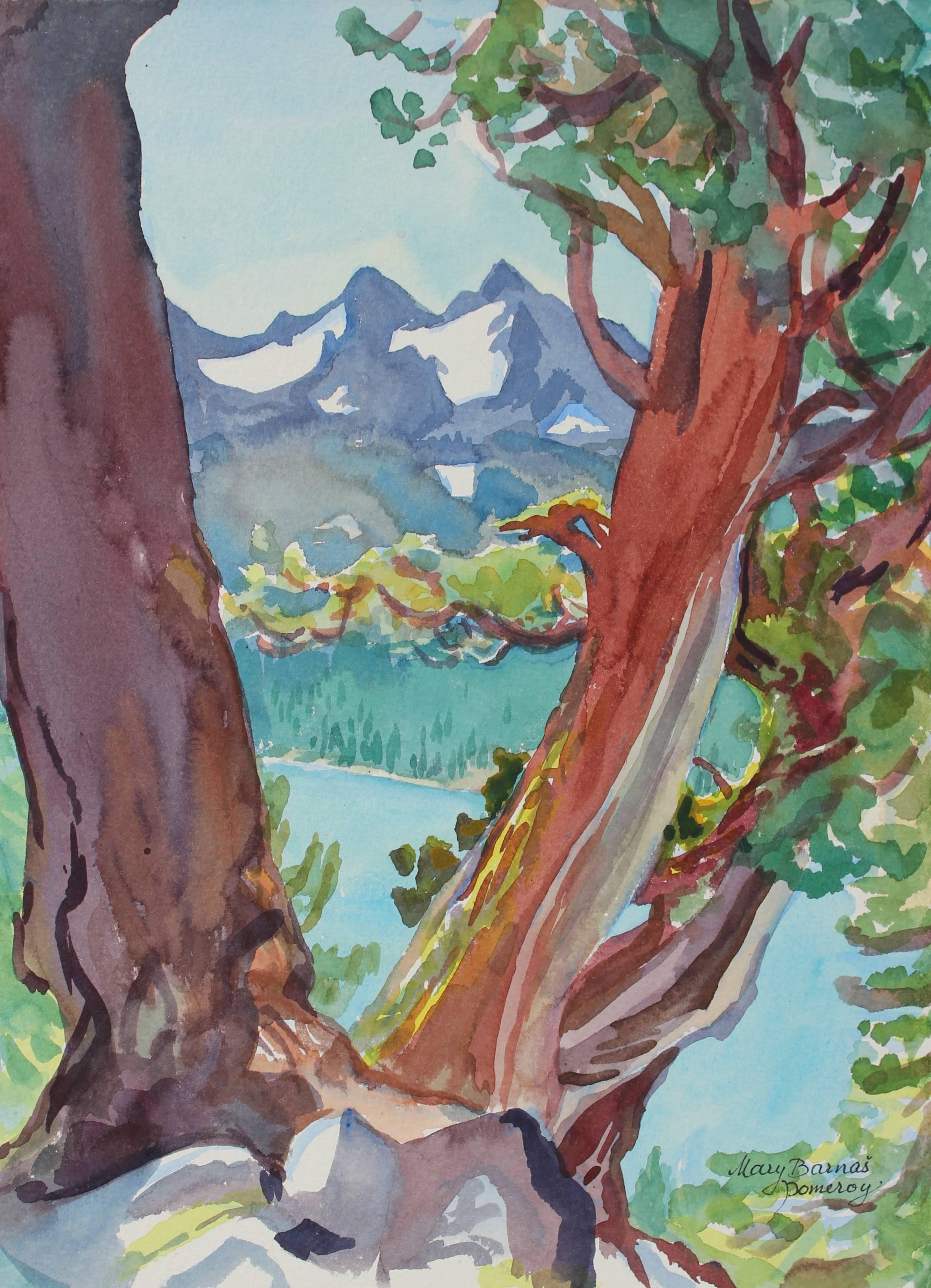 Mary Pomeroy Landscape Art - "Juniper Trio Above Caples Lake" California Landscape in Watercolor, 1996