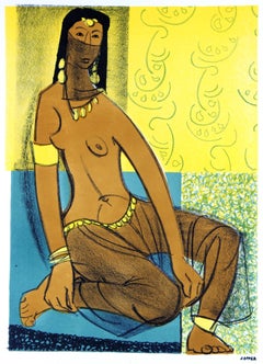 Seated Veiled Woman, Mid Century Lithograph