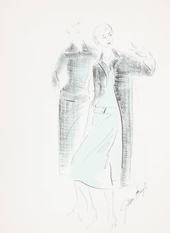 Vintage Fashion Illustration in Blue and Black, Ink and Gouache Drawing, 1950s