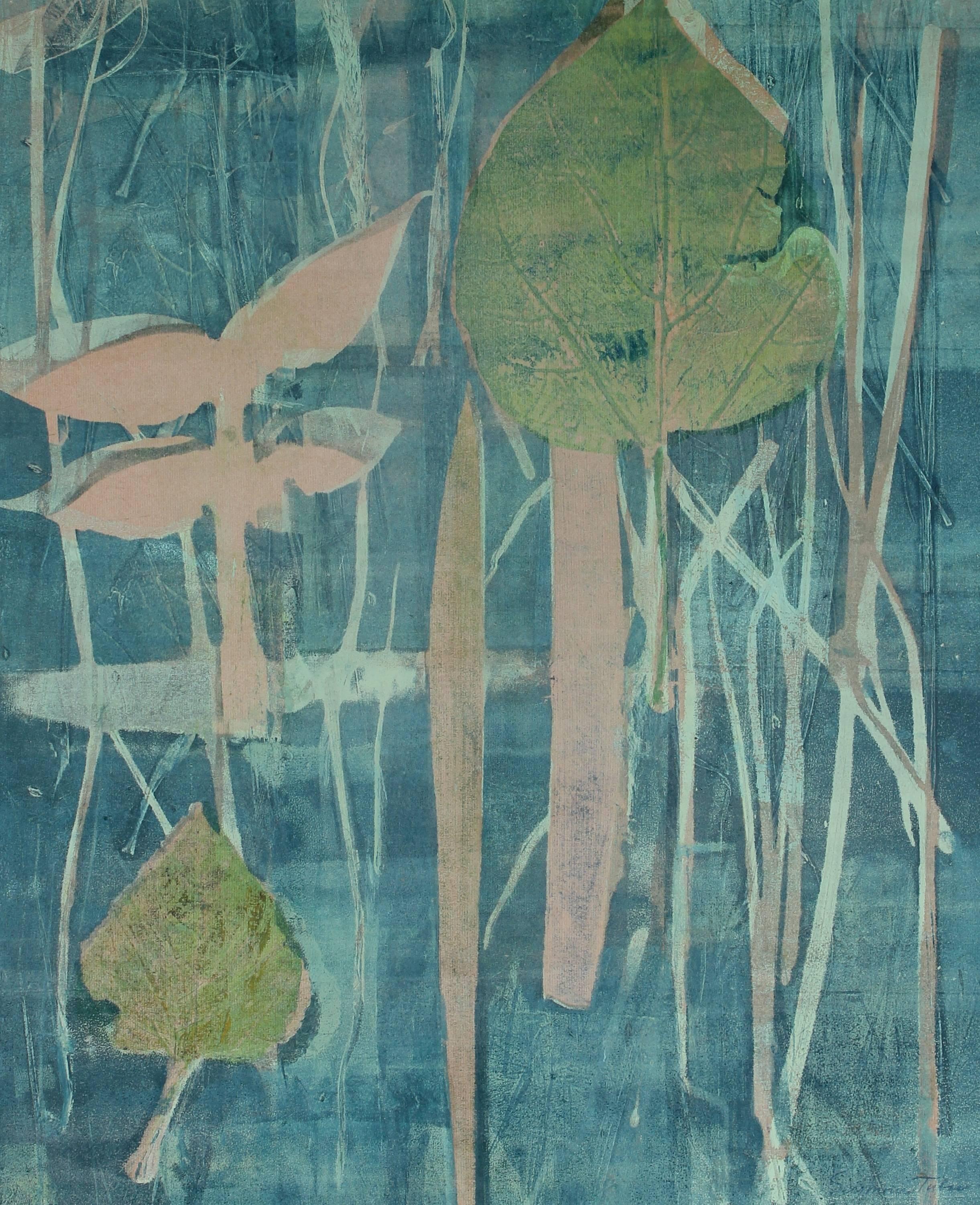 Seymour Tubis Landscape Print - "June" Mixed Media Abstract Print with Leaves, Circa 1971