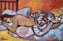 Nude Figure in Bed, Oil on Canvas, Late 20th Century
