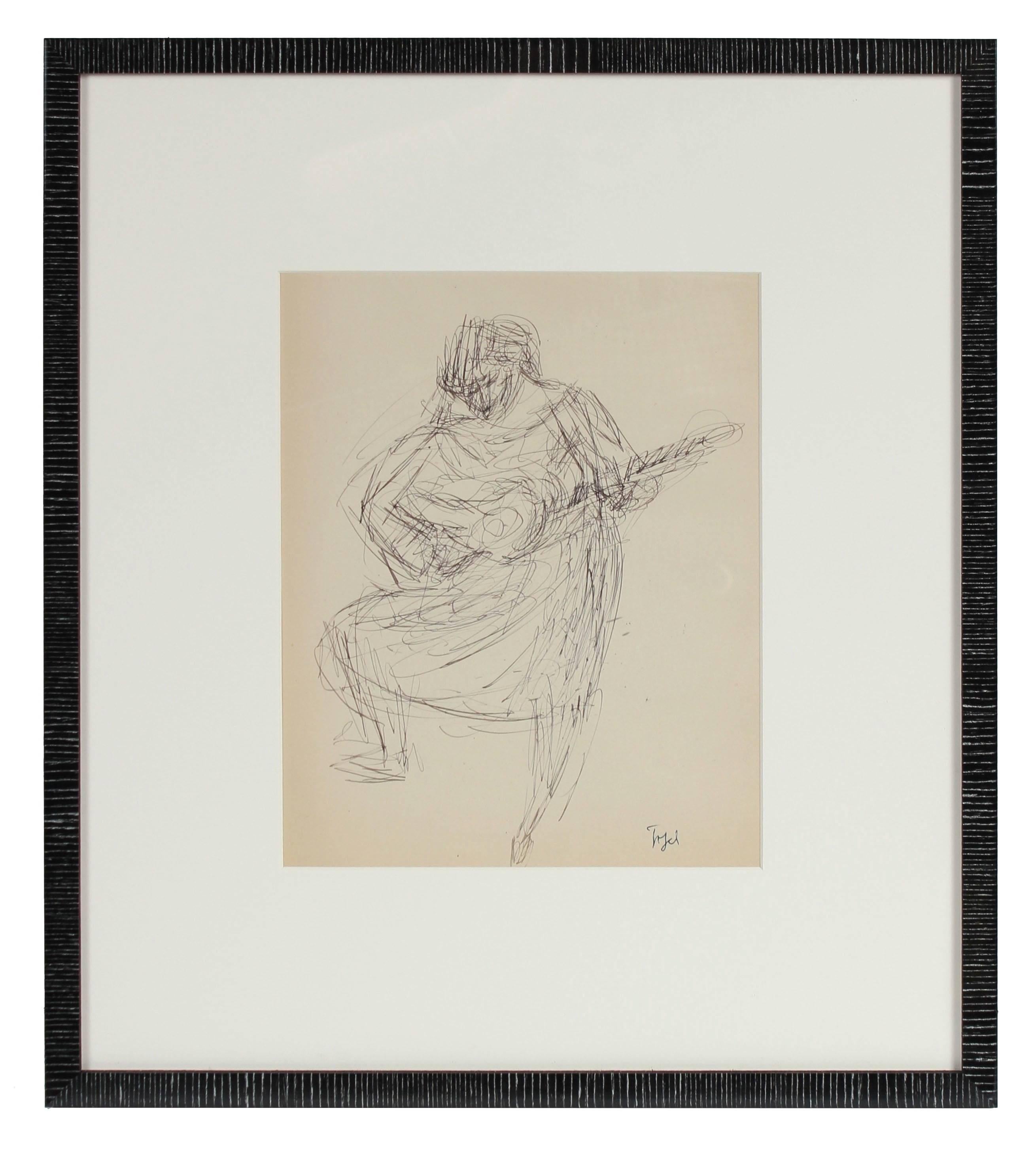 Jennings Tofel Figurative Art - Expressionist Woman Playing Guitar, Framed Ink Sketch, Early to Mid 20th Century