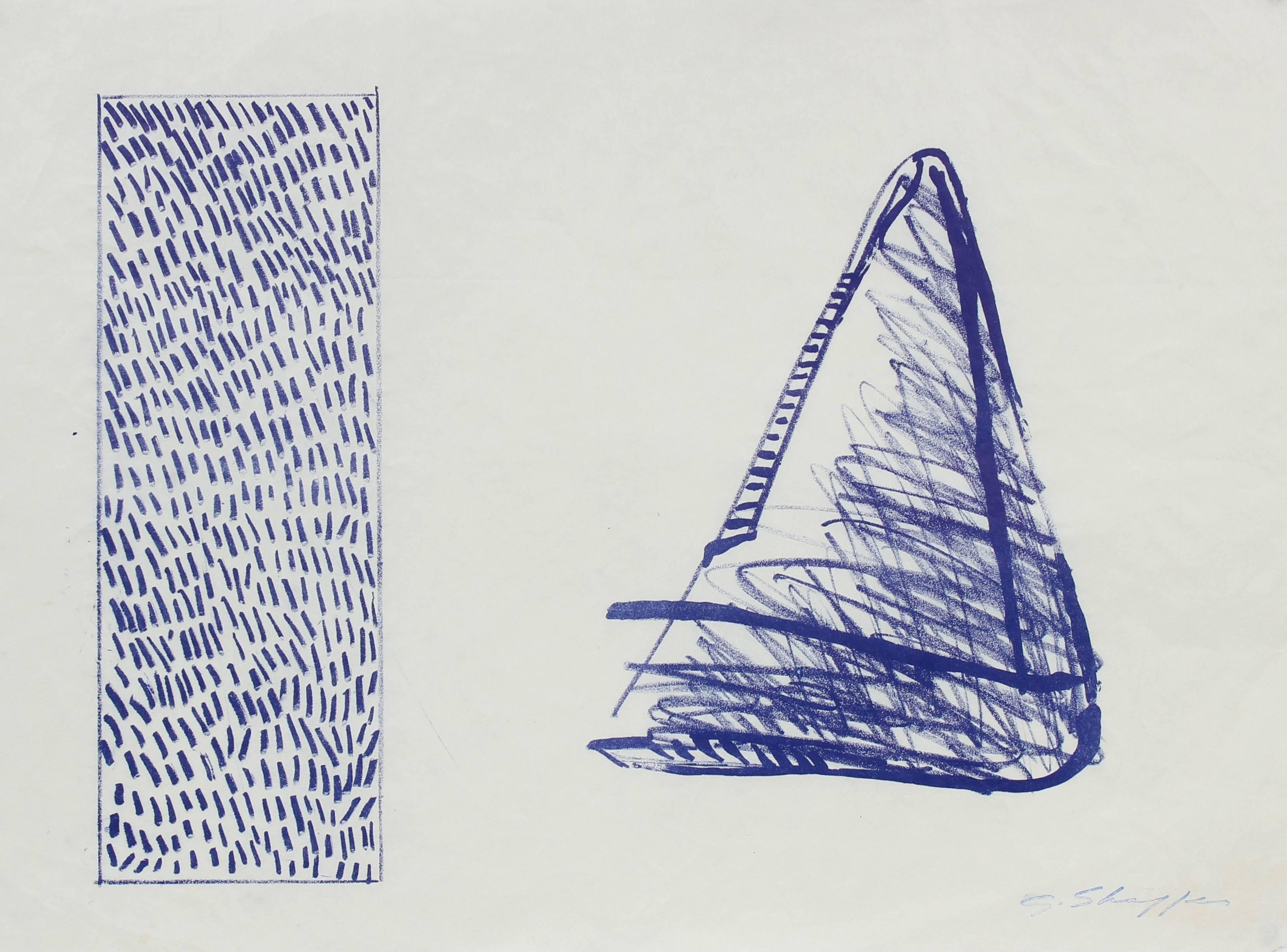 Gary Lee Shaffer Abstract Print - Triangle and Rectangle Abstract Lithograph in Blue and White, Late 20th Century