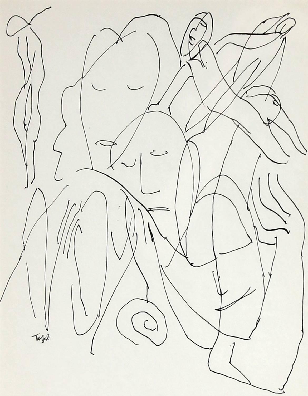 This early 20th century ink on paper drawing of a couple hugging is by Polish-born New York Expressionist Jennings Tofel (1891-1959). Tofel was a friend of Georgia O'Keefe and Alfred Stieglitz. He received an art grant to work in Paris in the 1920s.