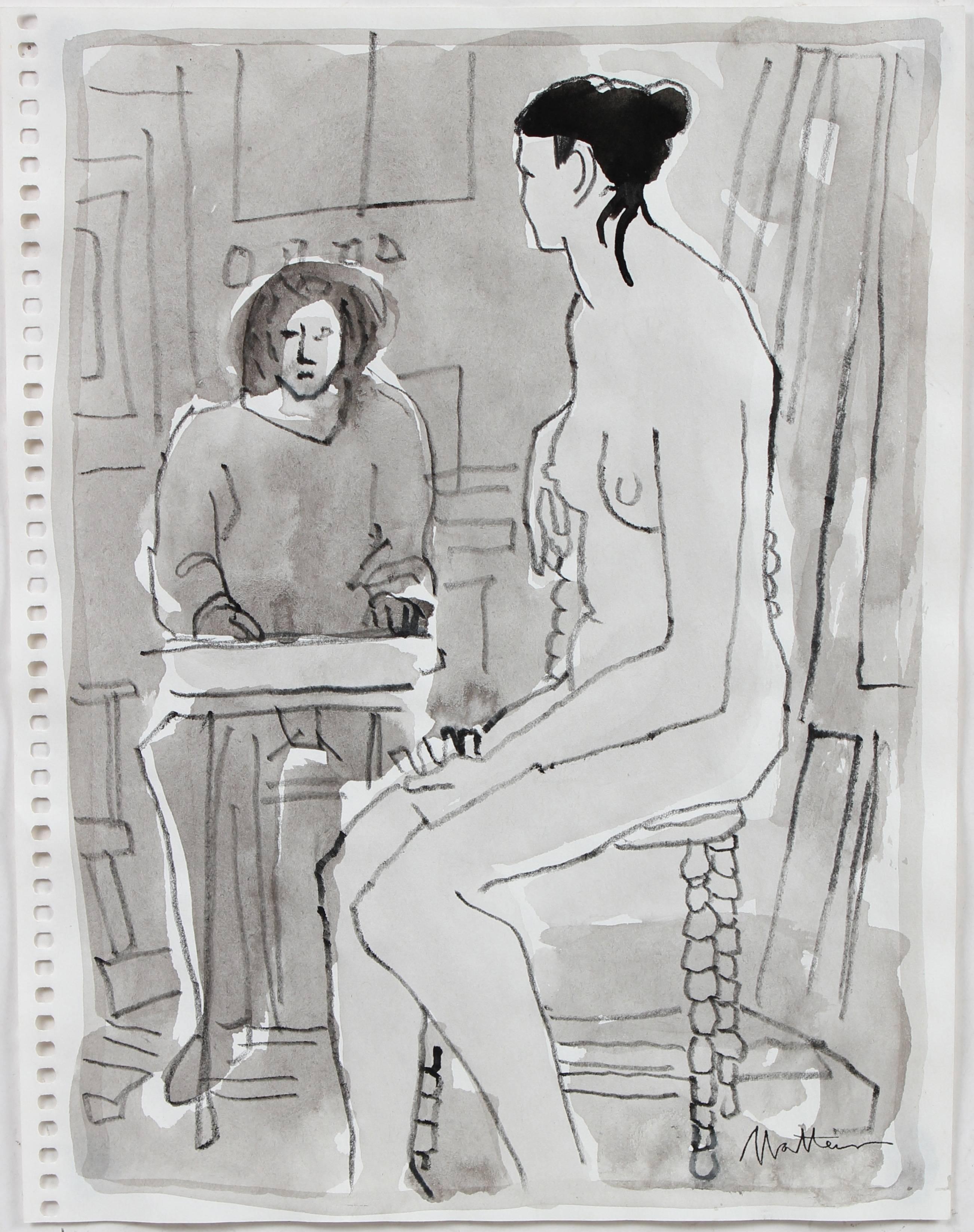 Female Figure Drawn in Drawing Class, Grey Ink Wash on Paper, 20th Century
