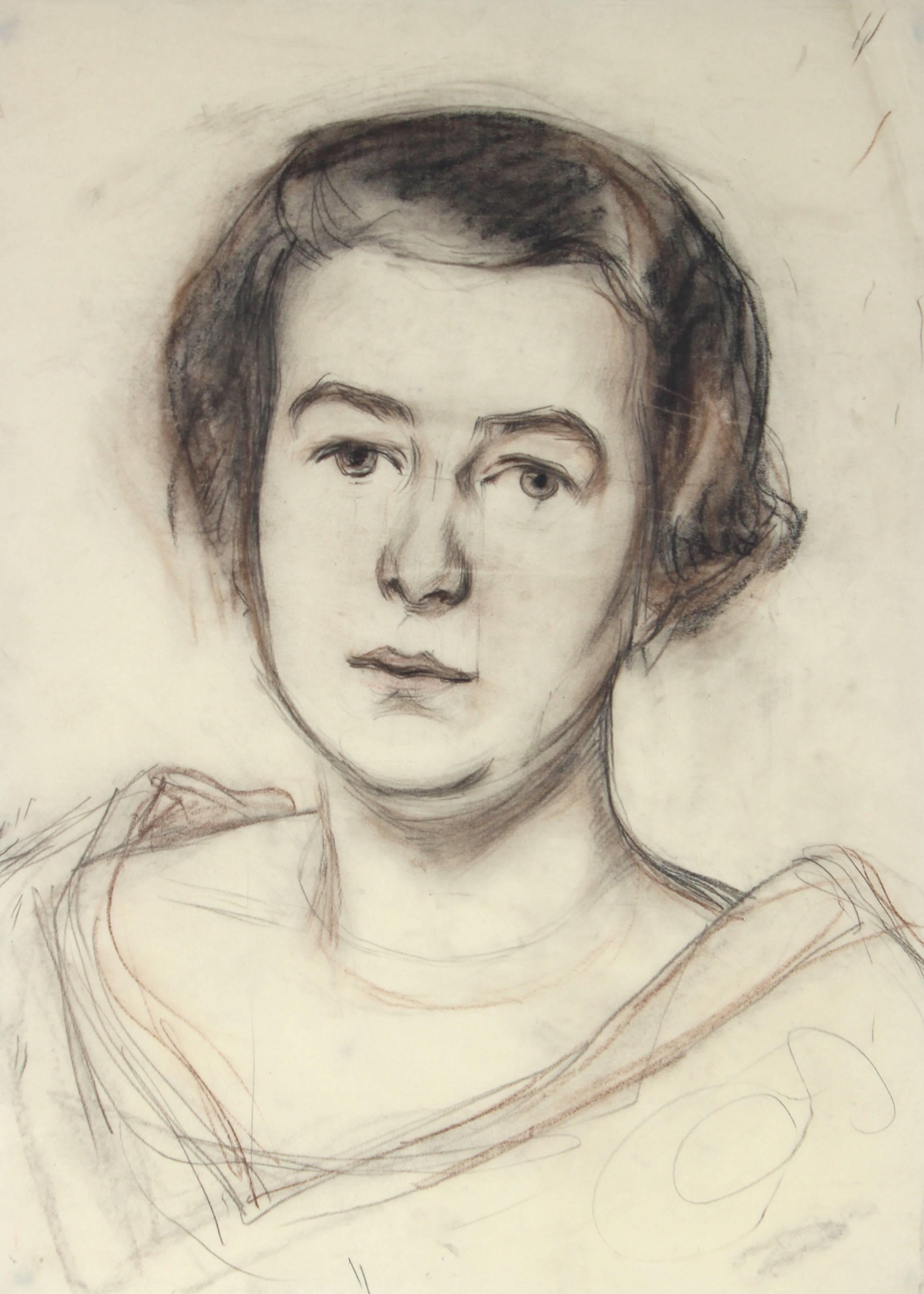 Portrait of a Woman in Charcoal, Circa 1926 - Vienna Secession Art by Emerich Bergthold