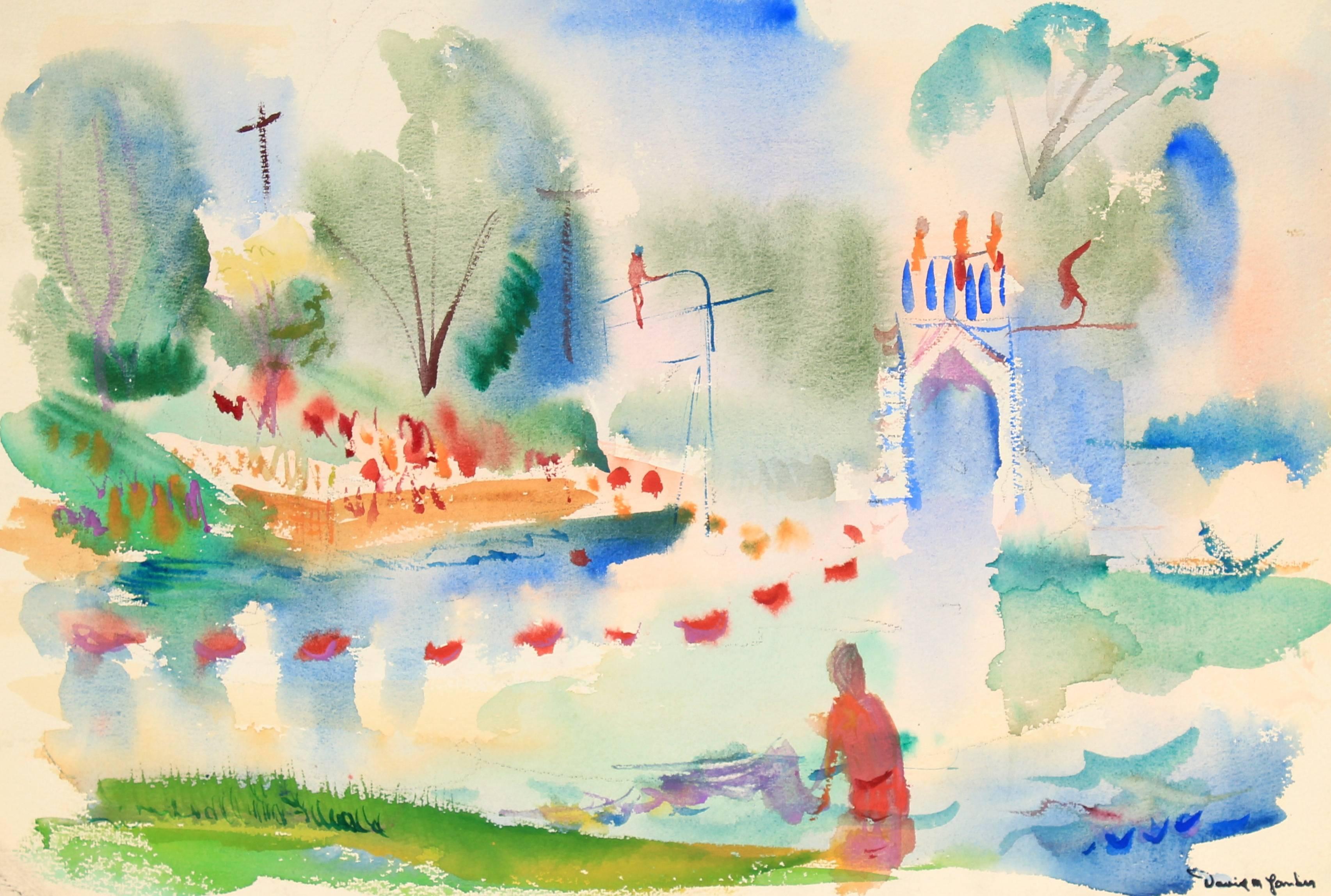David Landis Landscape Art - Abstracted Colorful Landscape in Watercolor with Swimmers, Mid 20th Century