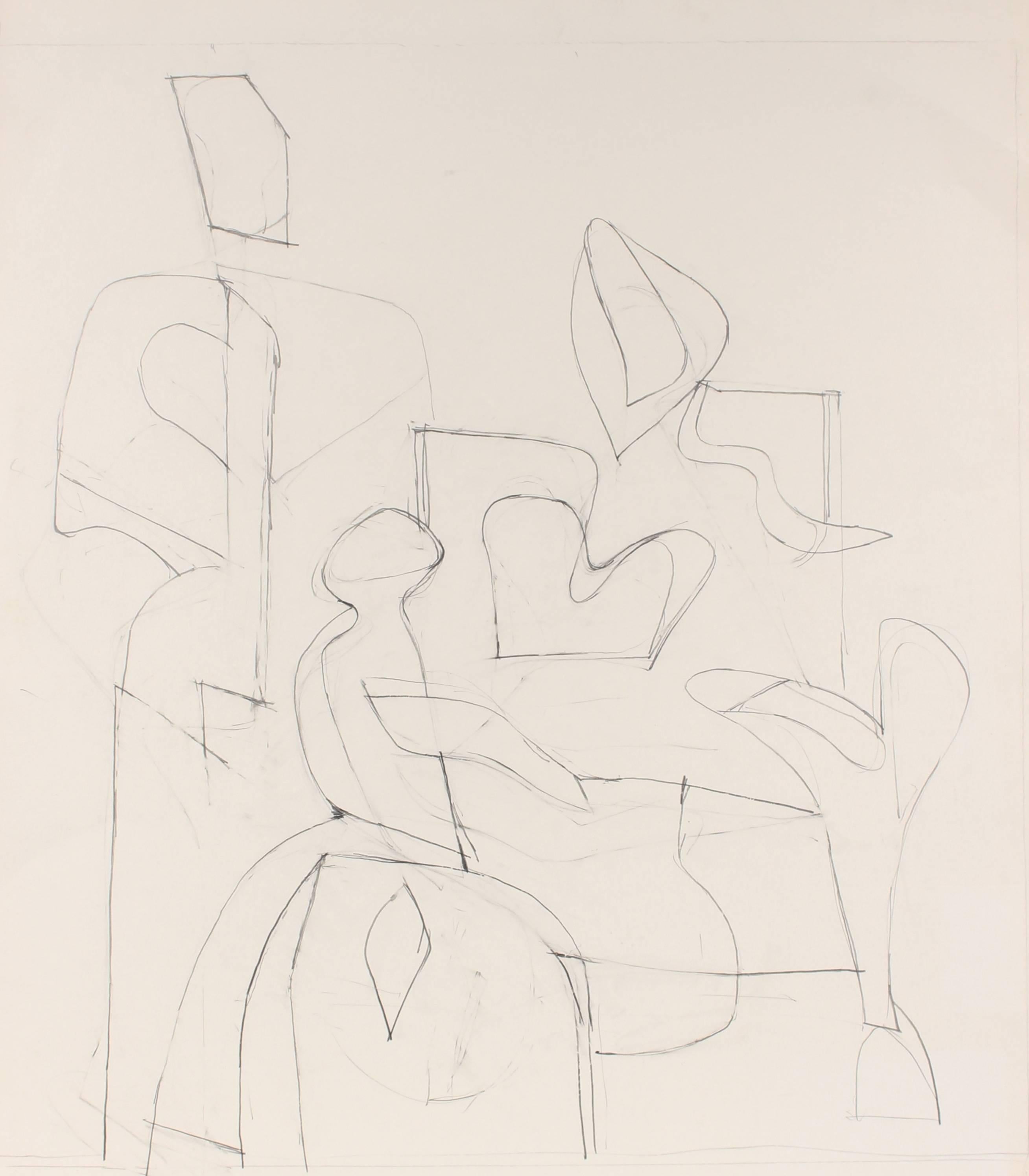 Gerald Wasserman Abstract Drawing - Three Abstracted Figures, Modernist Graphite Drawing, 20th Century