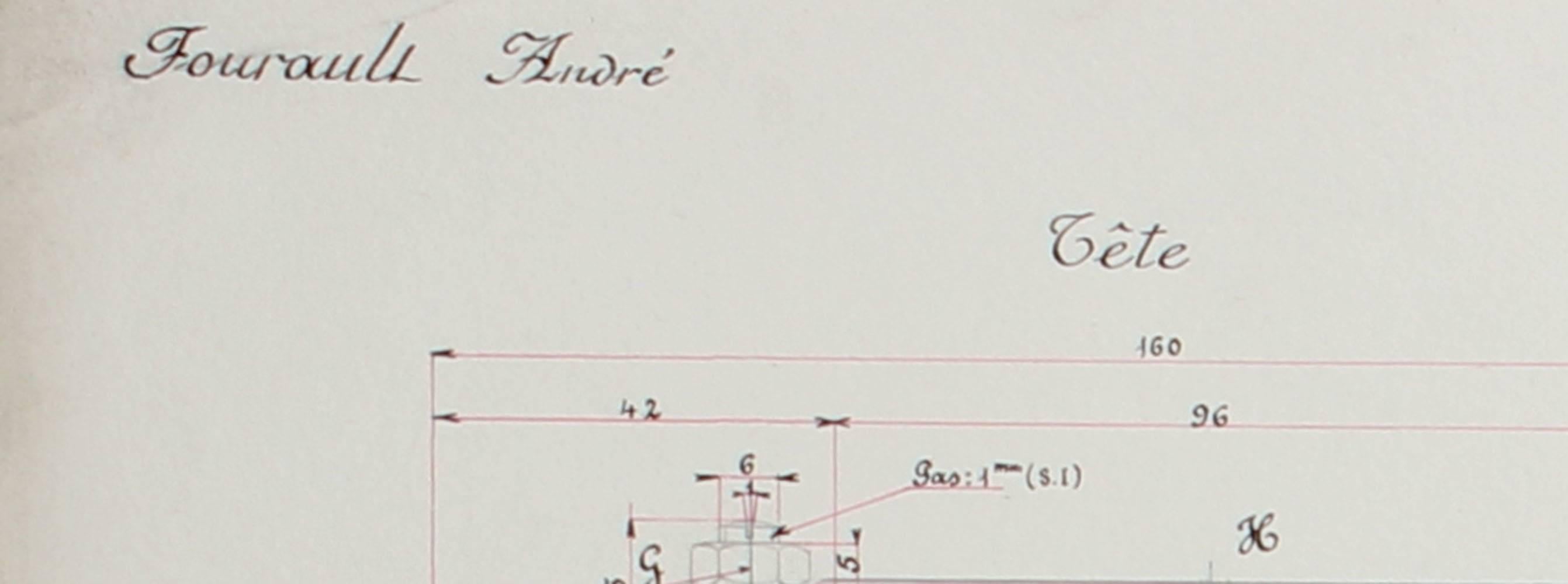 Detailed French Engineering Drawing in Ink & Gouache, 1920 - Painting by Andre Fourault