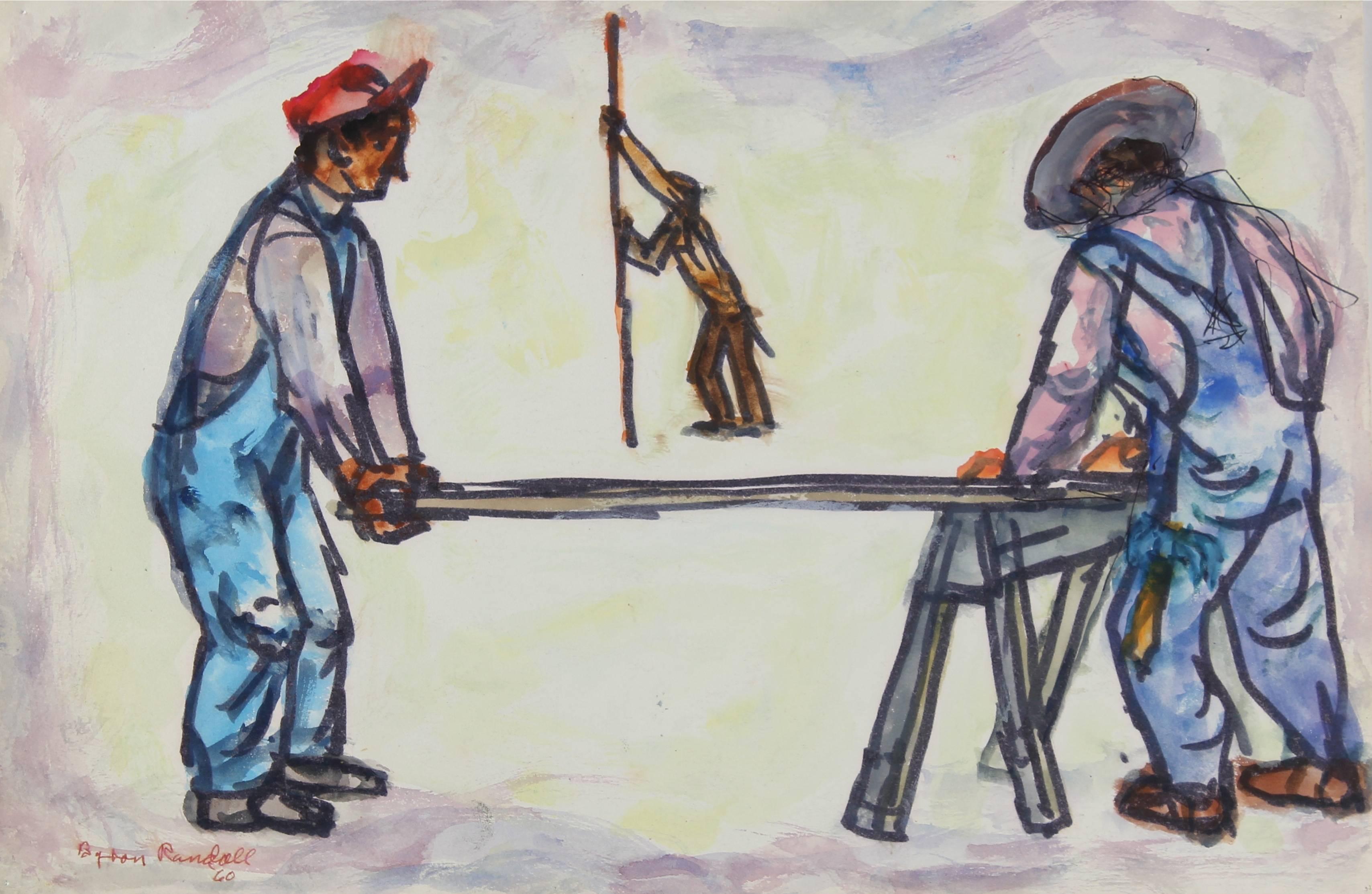 Byron Randall Figurative Art - Construction Workers in Overalls, Colorful Pastel and Ink Drawing, 1960