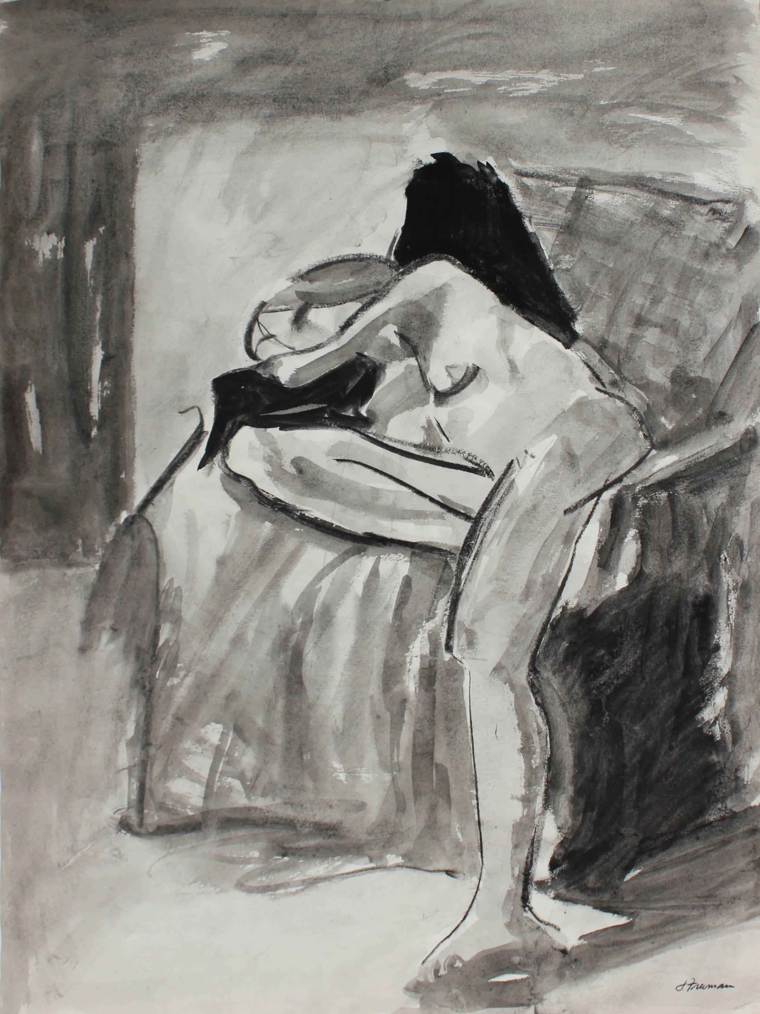 Interior with Bay Area Figure, Charcoal & Ink, 1971