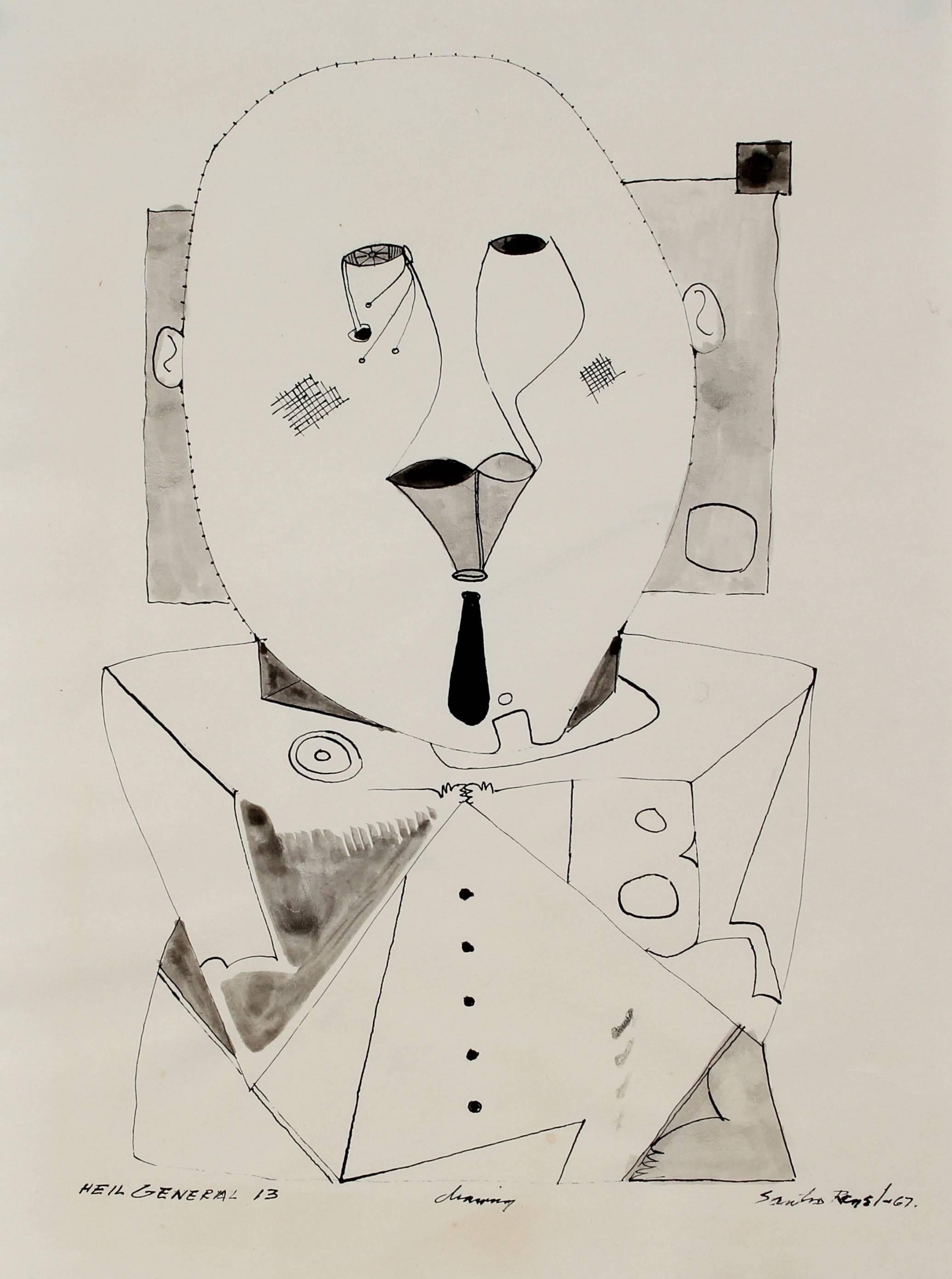 "Heil General 13" Abstracted Figure Ink Drawing, 1967