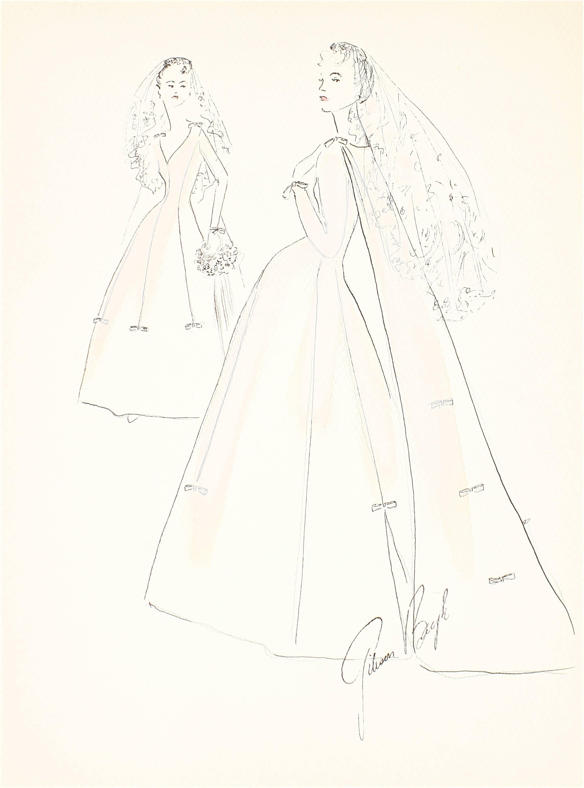 Gibson Bayh Figurative Art - Delicate Wedding Dress Fashion Illustrations, Ink and Gouache Drawing, 1950s