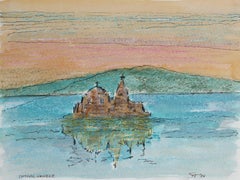 "Patras, Greece" Pastel 
Ink Landscape at Sunset with Greek Temple, 1984