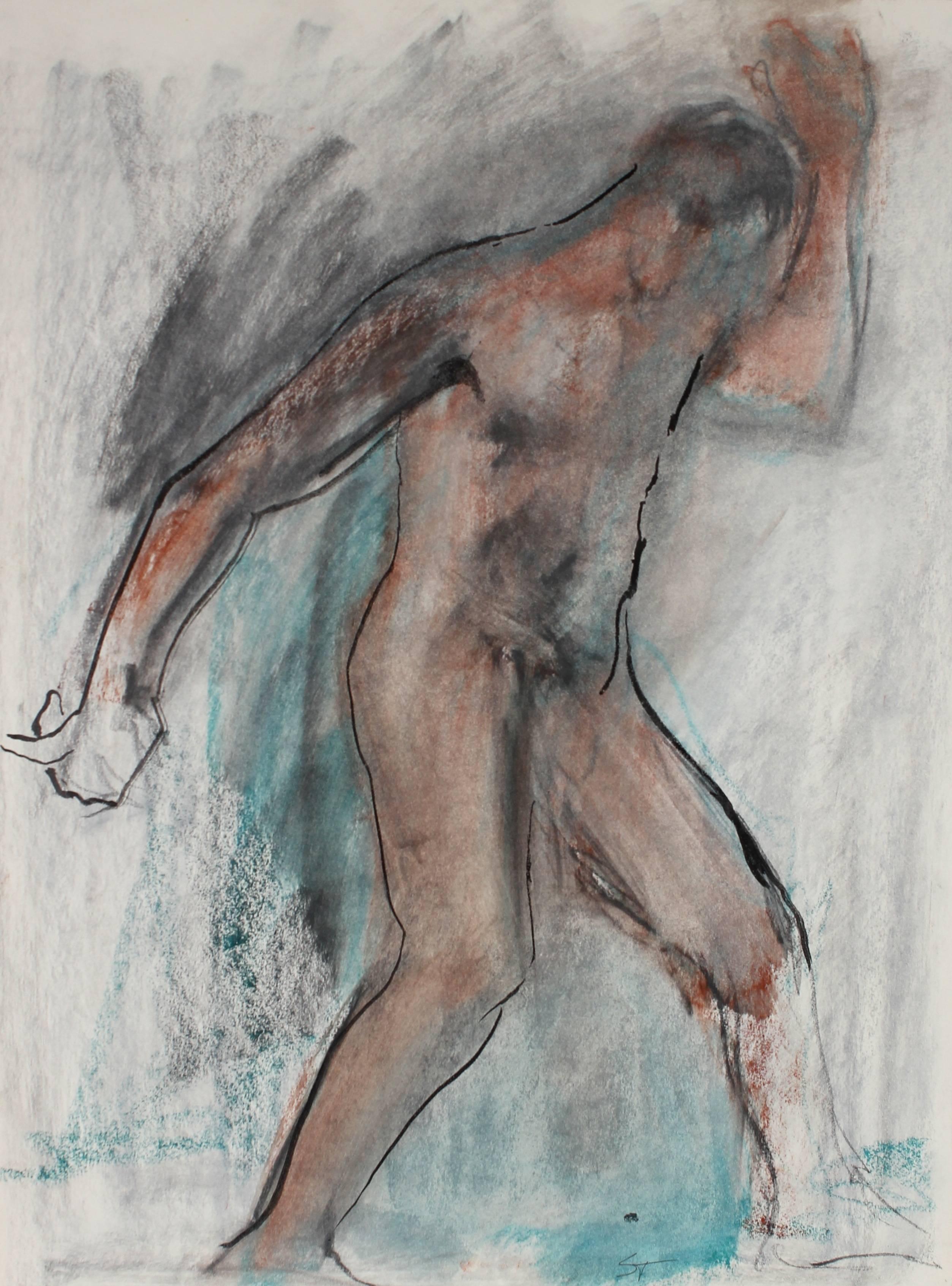 Expressionist Figure in Ink and Pastel in Brown and Turquoise, 20th Century