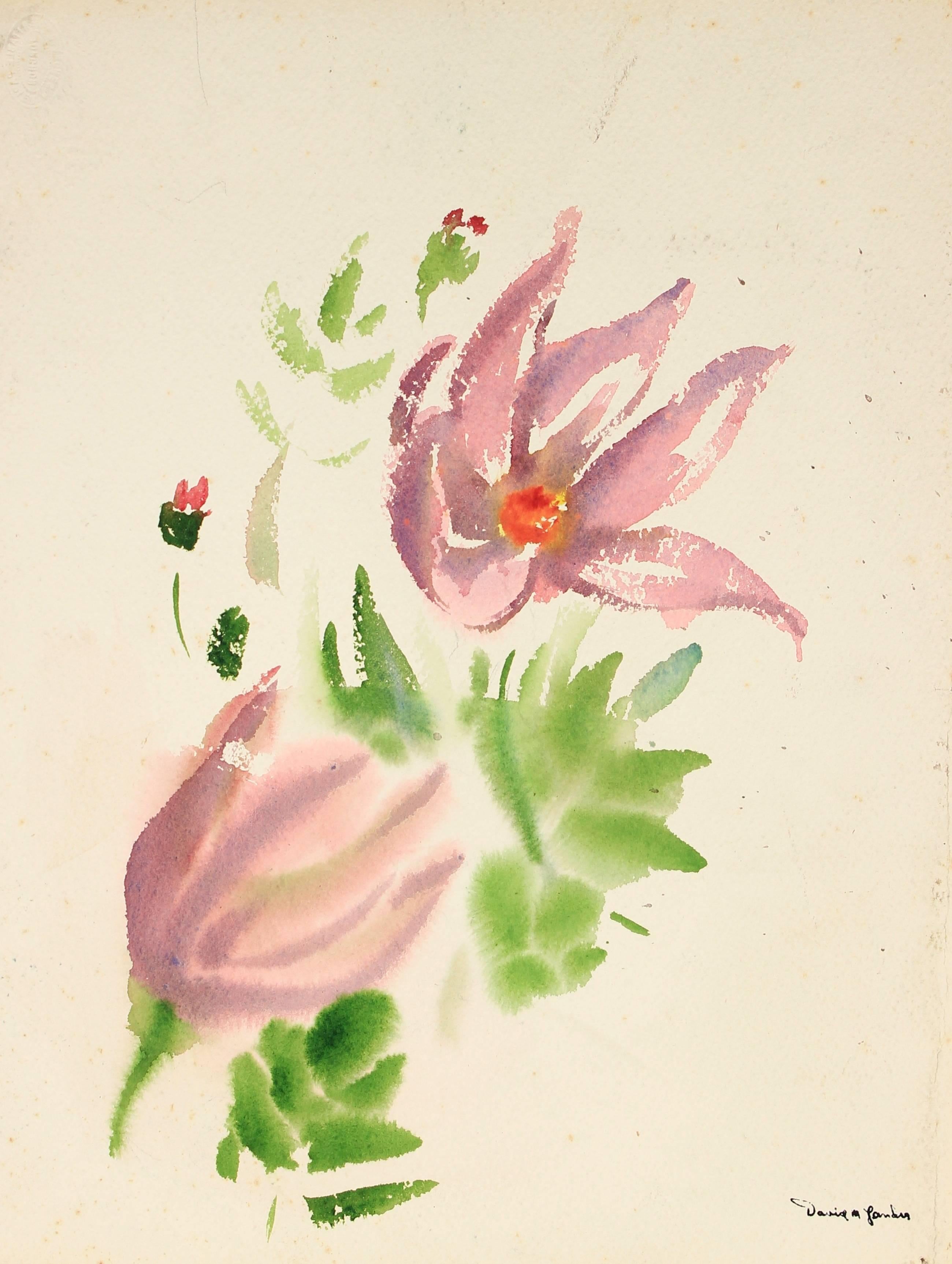 David Landis Still-Life - Delicate Flower Still Life in Watercolor with Pink and Purple, Mid Century