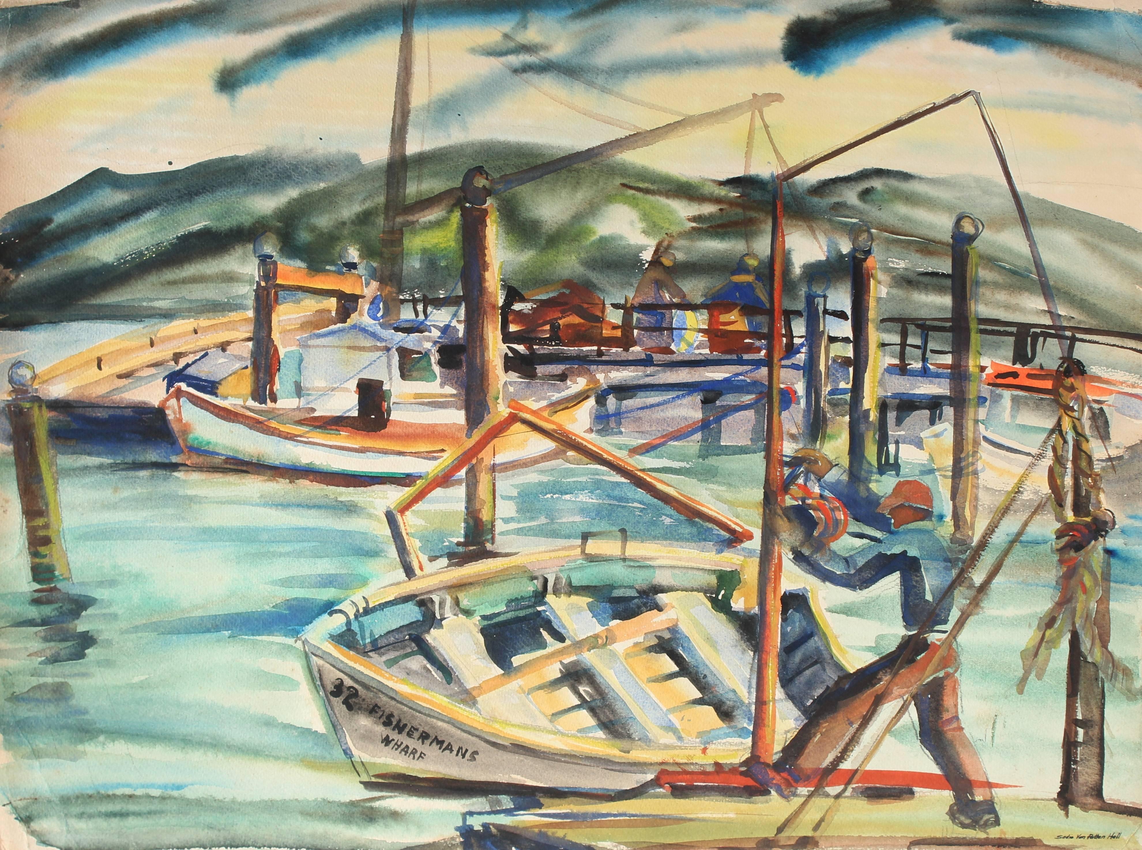 Sadie Van Patten Hall Landscape Art - San Francisco Fisherman's Wharf, Watercolor Painting, Mid 20th Century
