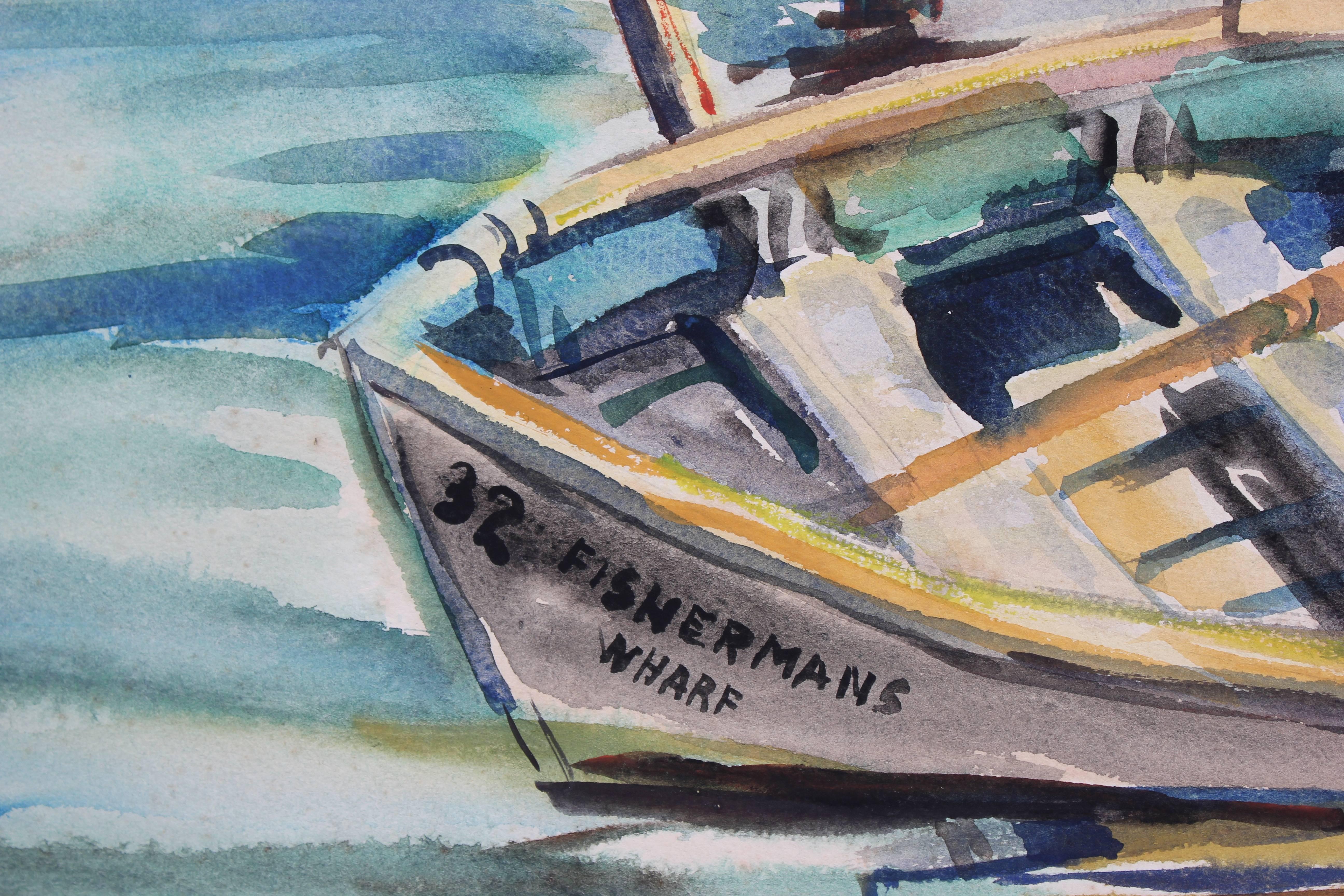 San Francisco Fisherman's Wharf, Watercolor Painting, Mid 20th Century - Art by Sadie Van Patten Hall
