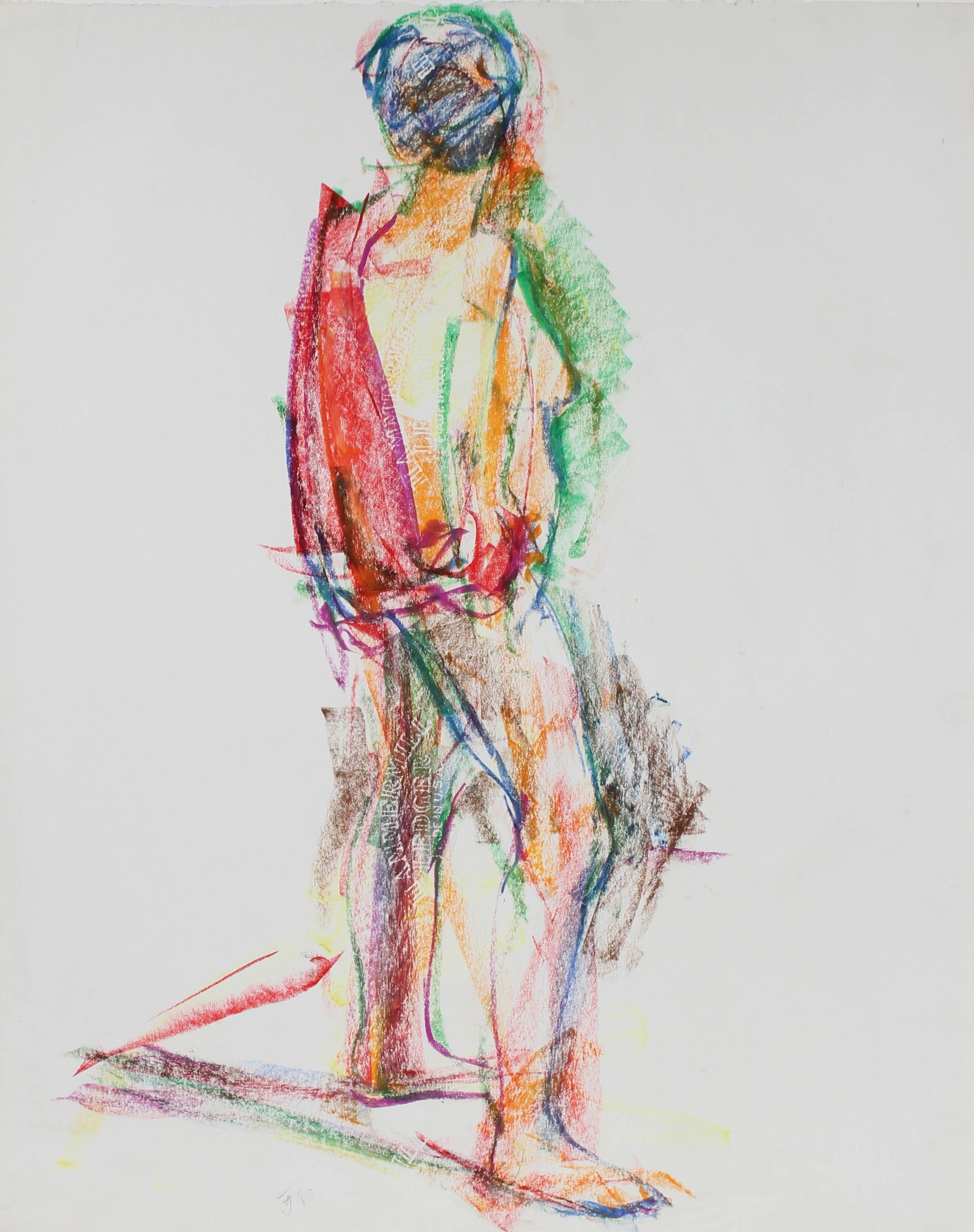 Colorful Expressionist Abstracted Figure in Wax Crayon, 1980