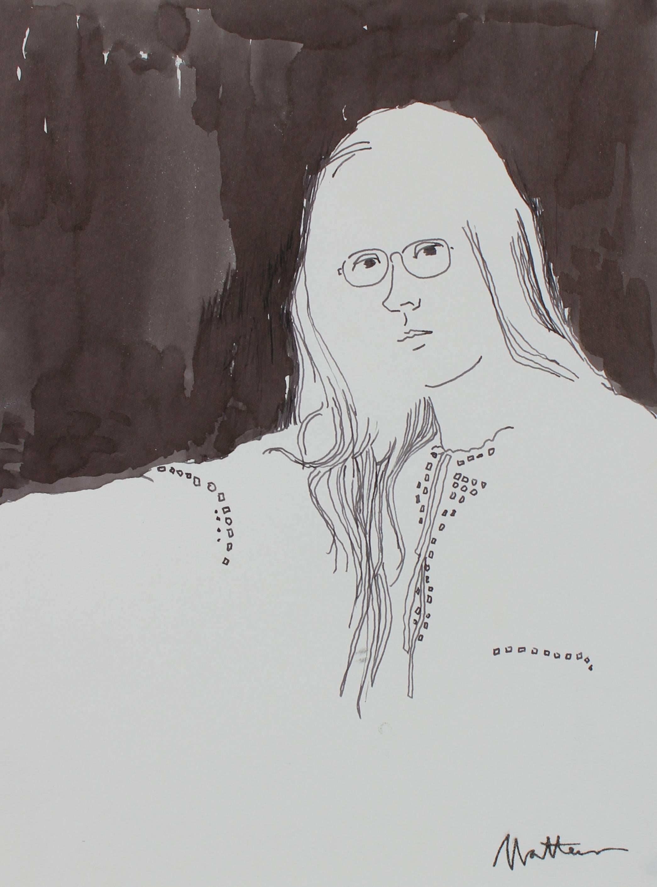 Monochromatic Portrait of a Woman with Glasses in Ink, Late 20th Century