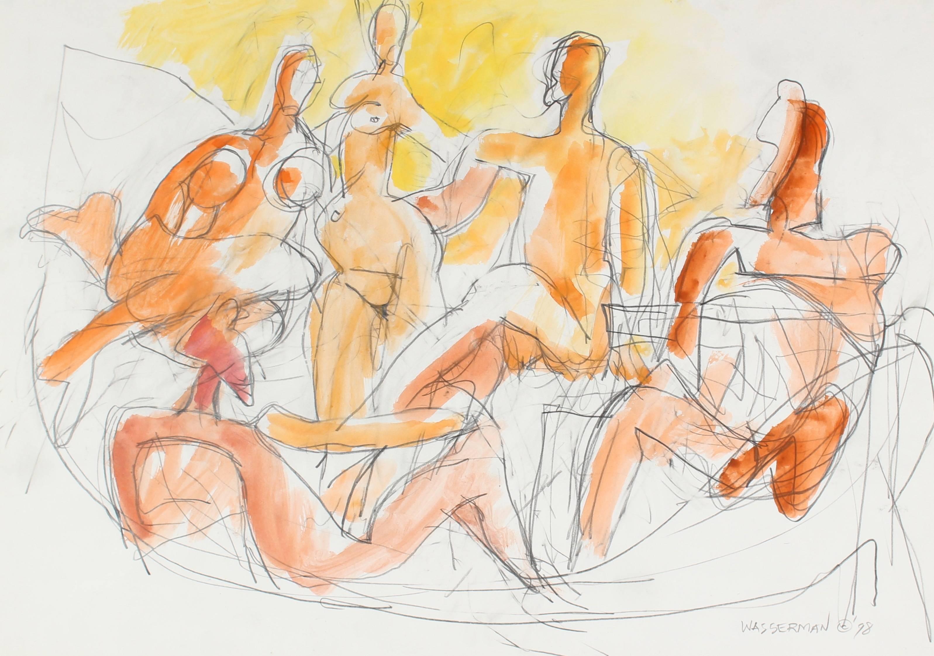 Abstracted Seated Nude Figures in Gouache in Yellow, Gold and Orange, 1998 - Art by Gerald Wasserman
