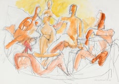 Abstracted Seated Nude Figures in Gouache in Yellow, Gold and Orange, 1998