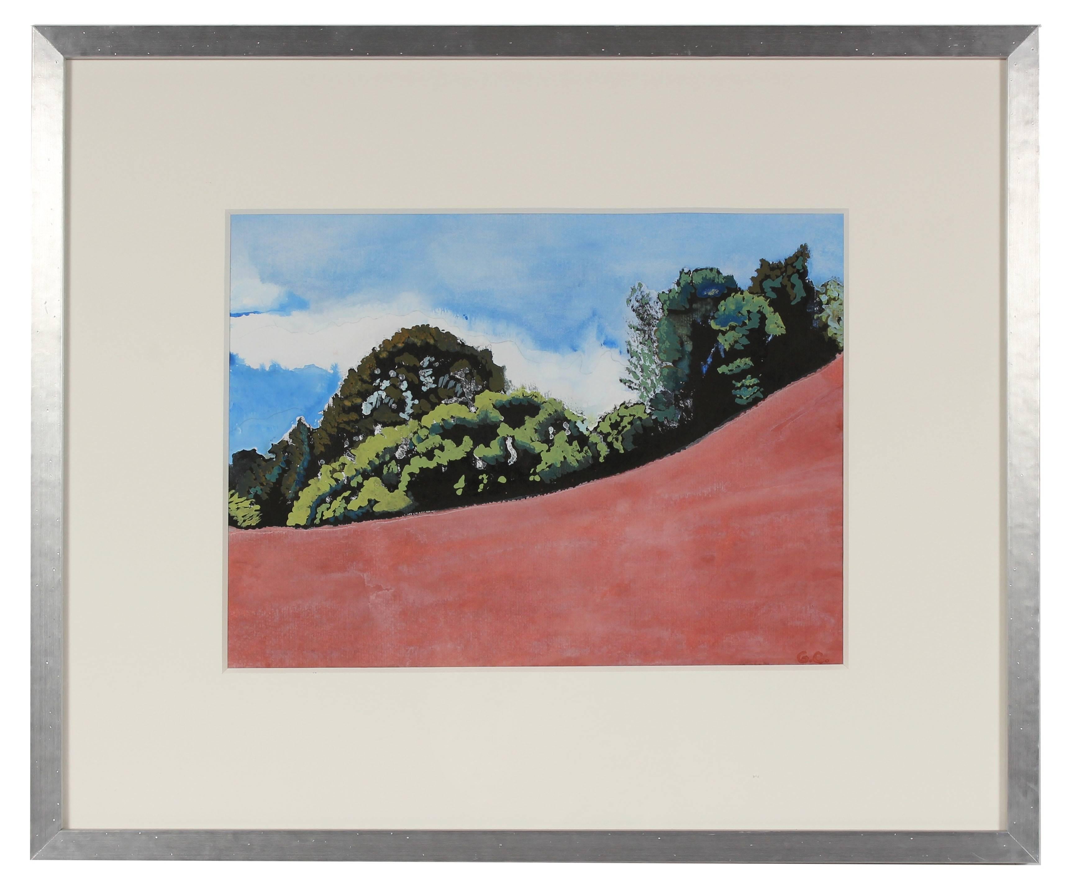Gaétan Caron Landscape Art - "Pink Meadow" Mendocino Landscape in Watercolor and Ink, 2016