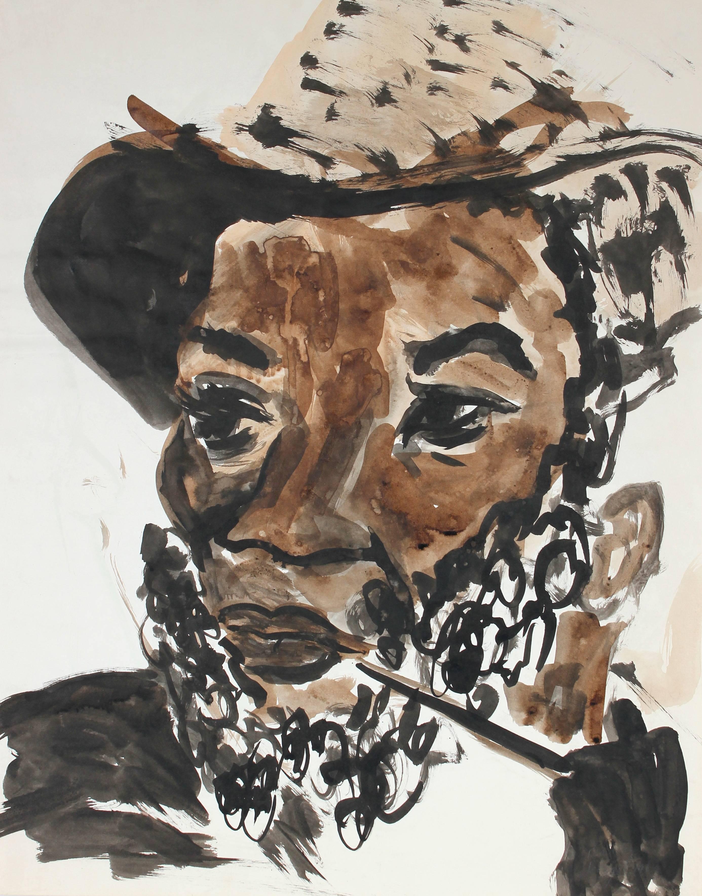 "Ojeda the Traveler" Man with Pipe, Ink & Watercolor Portrait, 1986 - Art by Laura Lengyel