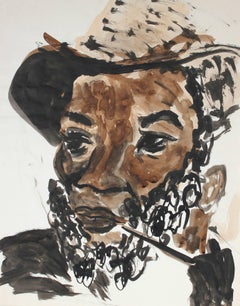 "Ojeda the Traveler" Man with Pipe, Ink & Watercolor Portrait, 1986