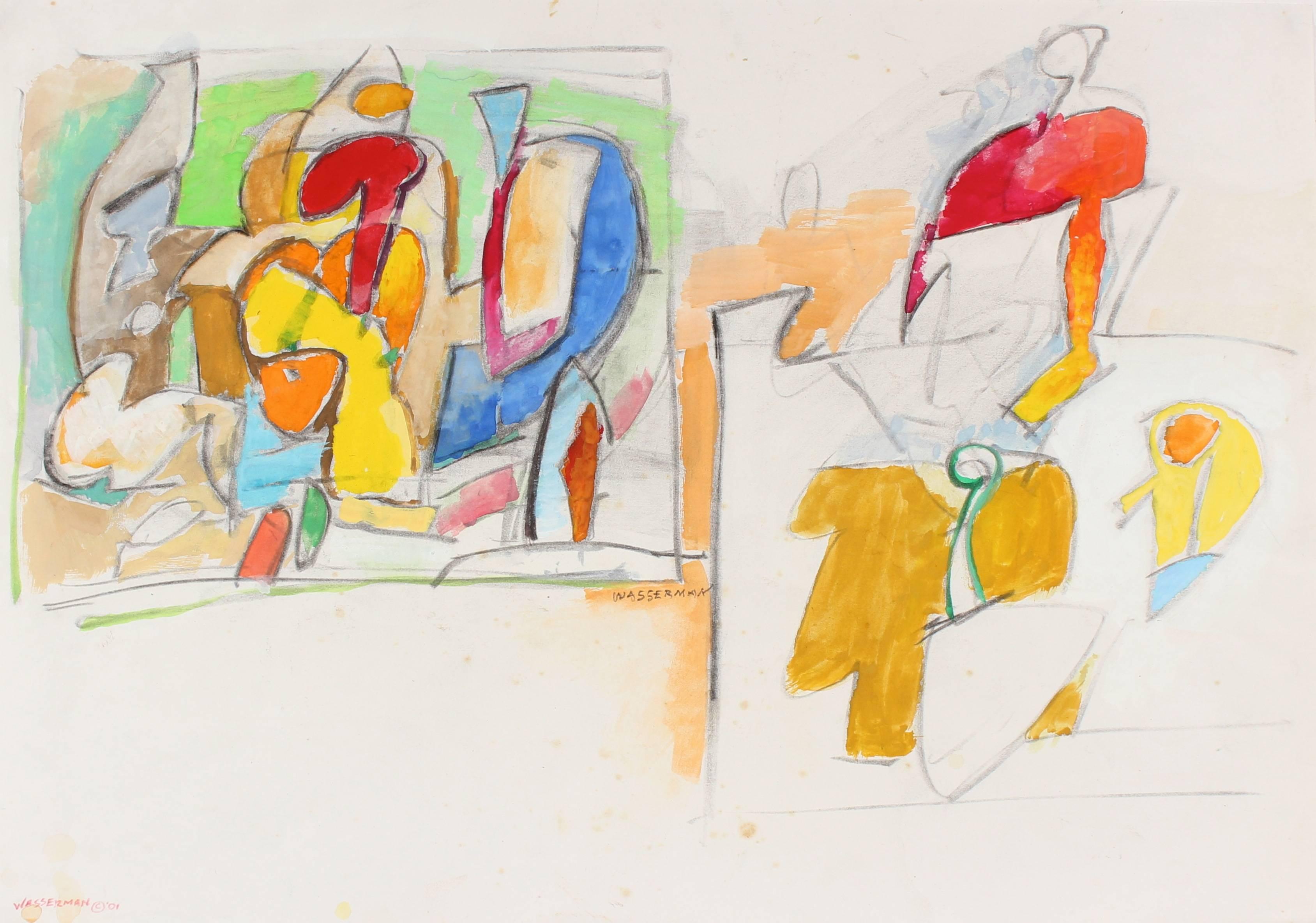 Bright Abstracted Figures in Gouache and Graphite, 20th Century