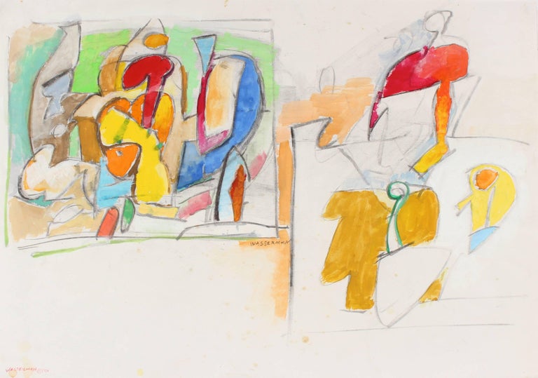 Gerald Wasserman Figurative Art - Bright Abstracted Figures in Gouache and Graphite, 20th Century