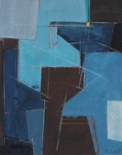 "Yellow Square" Mixed Media Graphic Abstract in Blue Brown and Black, 2017