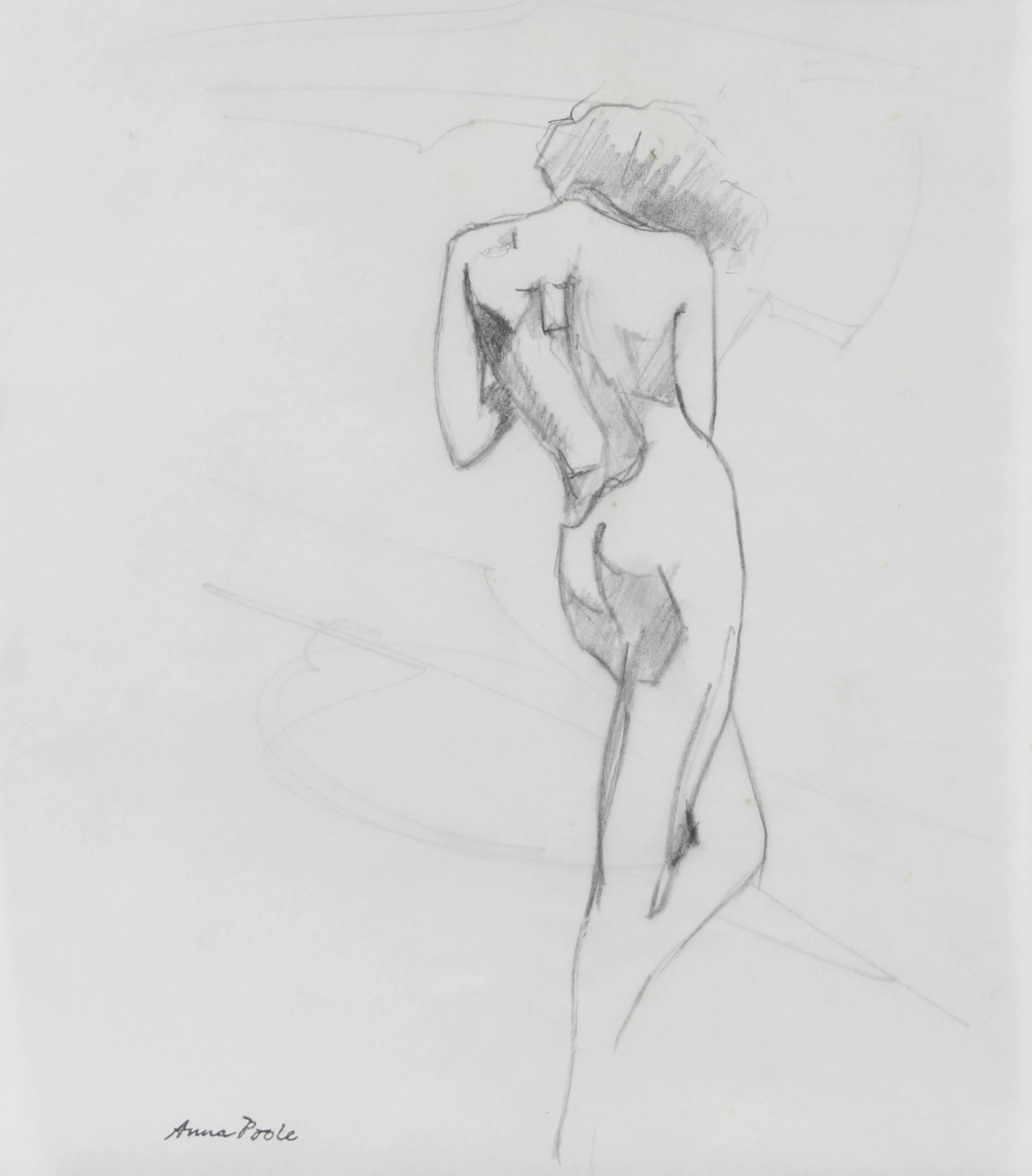 Monochromatic Standing Nude Female Figure Drawing in Graphite, Late 20th Century - Art by Anna Poole