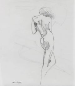 Monochromatic Standing Nude Female Figure Drawing in Graphite, Late 20th Century