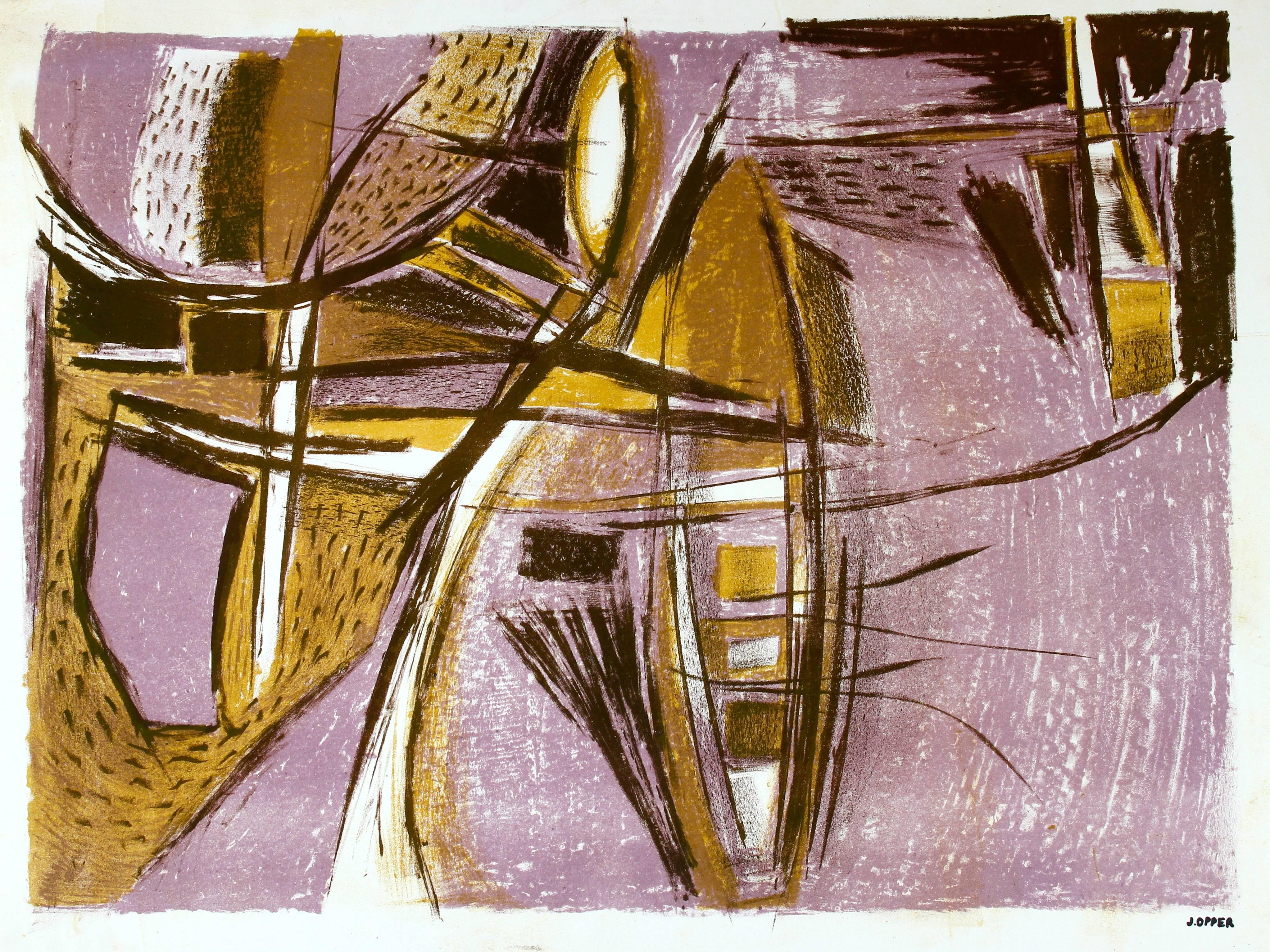 Jerry Opper Abstract Print - Modernist Abstract Lithograph in Lavender, Circa 1950s