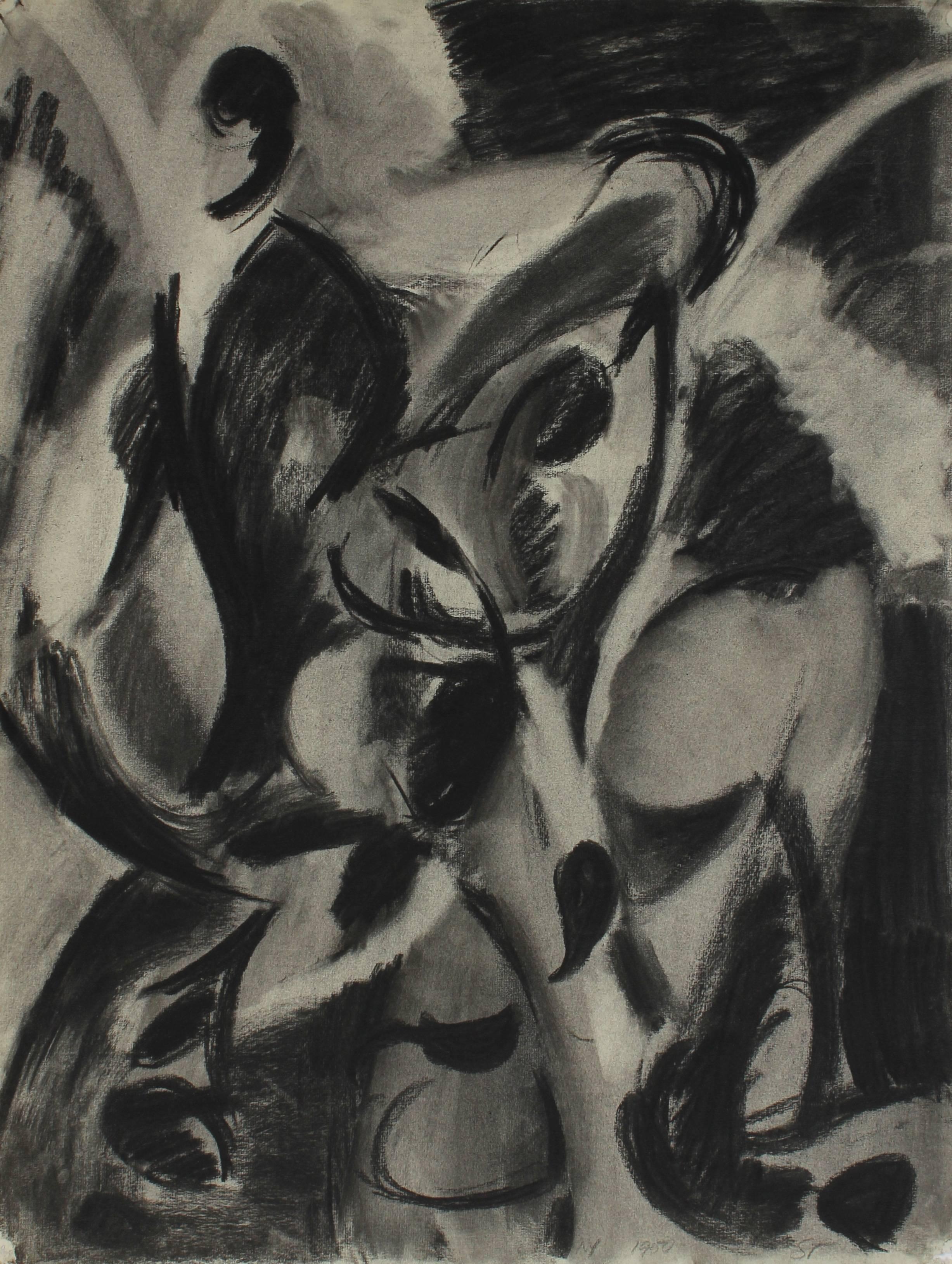 Seymour Tubis Abstract Drawing - Monochromatic Abstract Figures in Charcoal, 1950