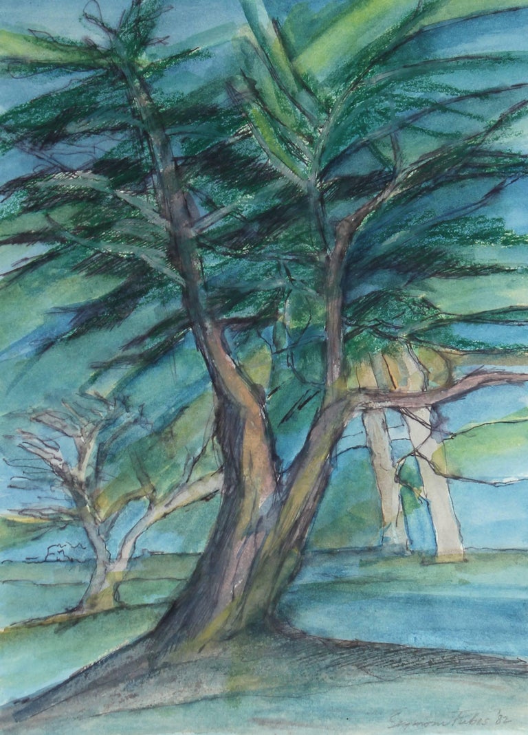 Seymour Tubis Landscape Art - "Cypresses" Oil Pastel Landscape, 1982