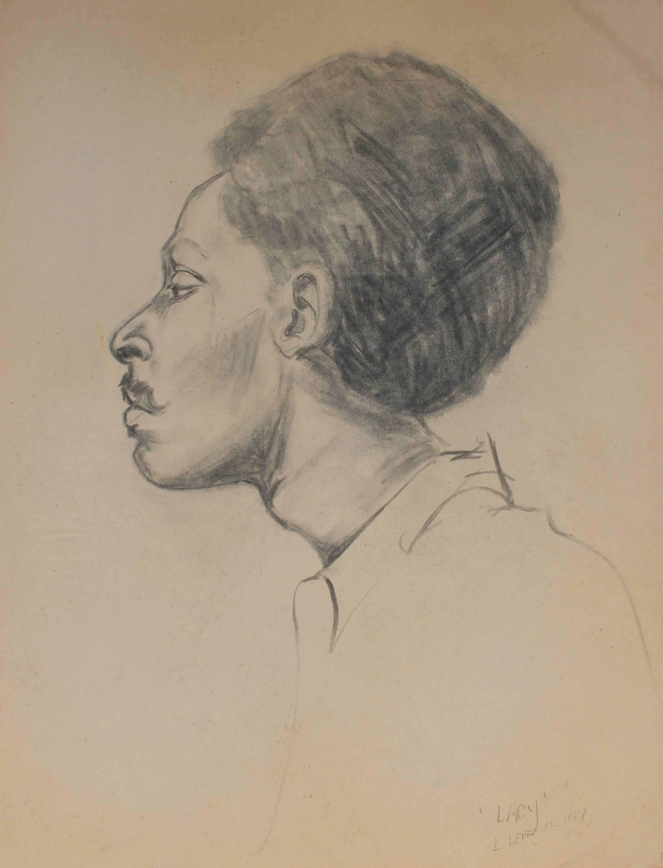 "Lacy" Portrait in Profile, Charcoal Drawing, 1967 - Art by Laura Lengyel