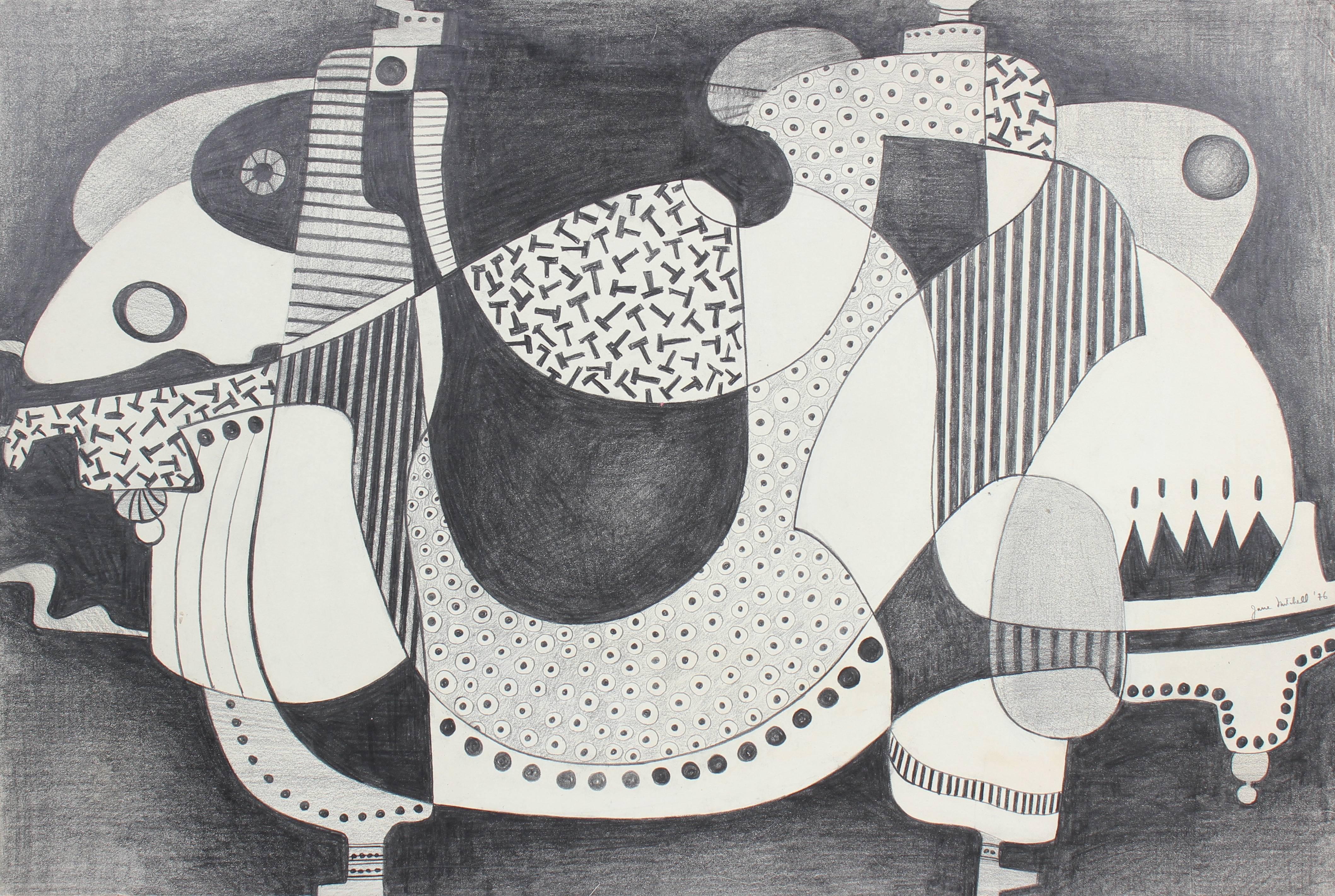 Jane Mitchell Abstract Drawing - Monochromatic Surrealist Abstract in Graphite, 1976